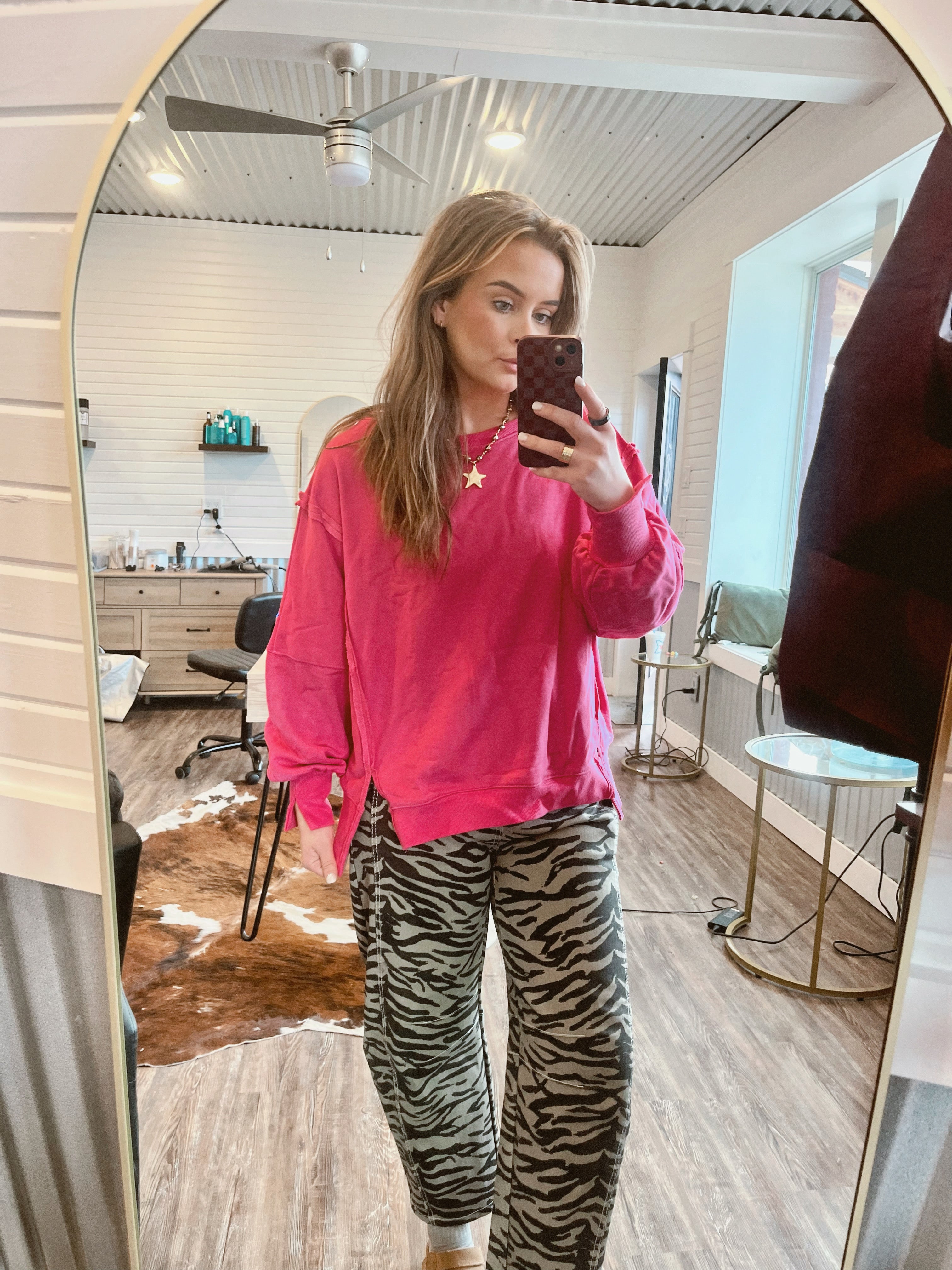 Oversized Crew Neck Long Sleeve-Hot Pink