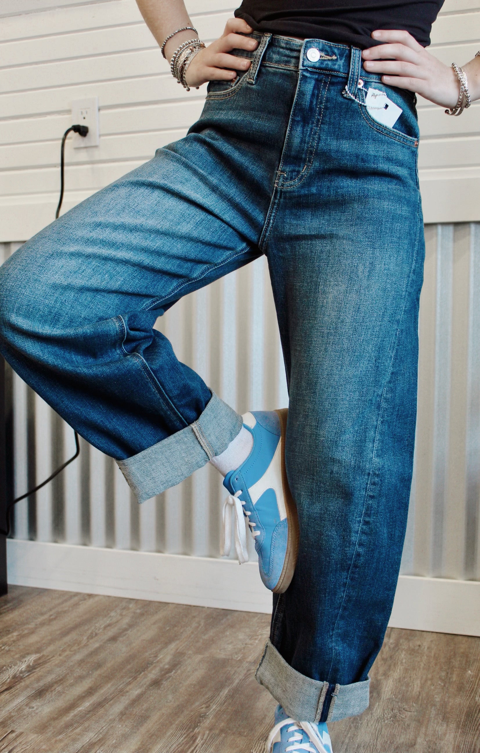 High rise relaxed tapered dark wash barrel