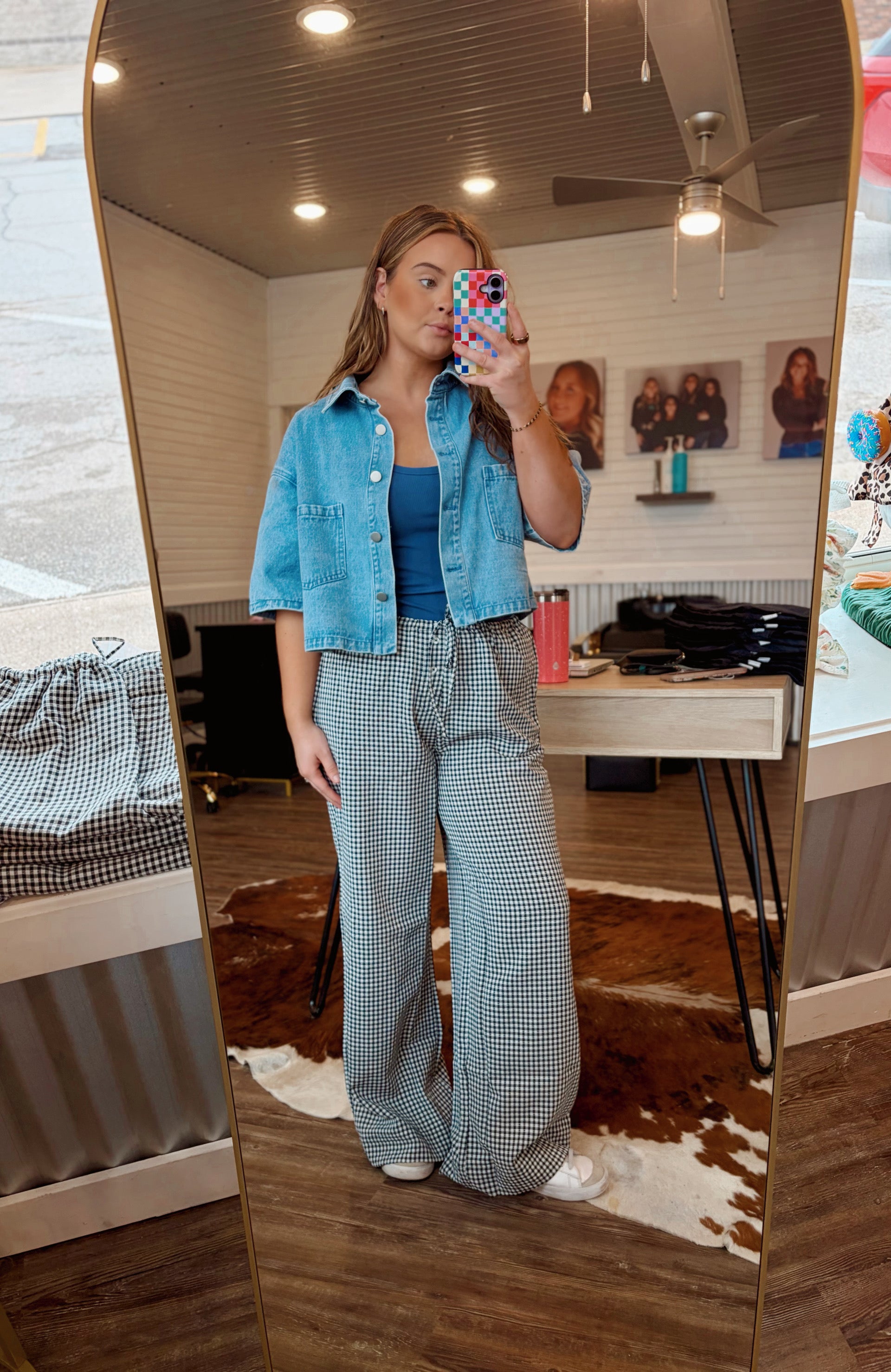 Gingham Drawstring wide leg pant