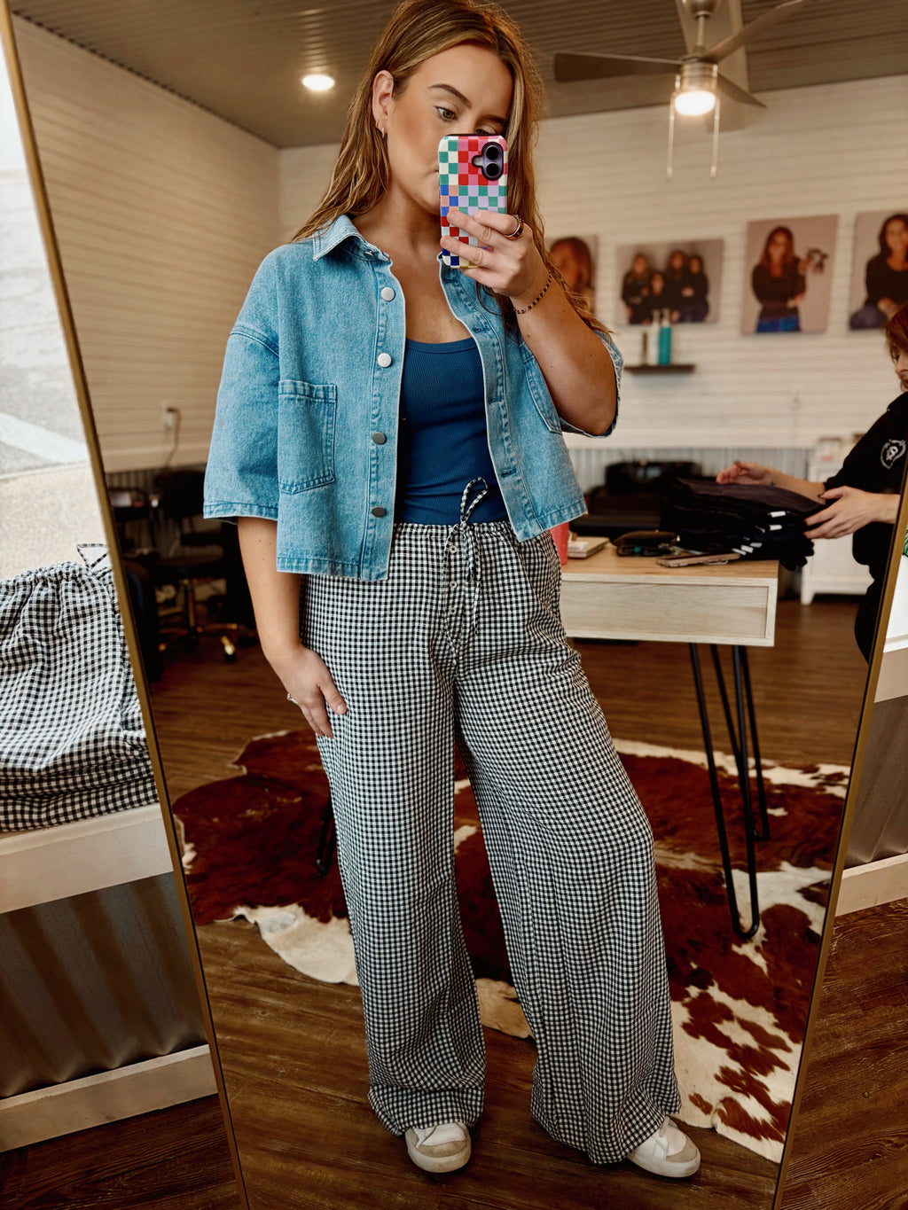 Gingham Drawstring wide leg pant