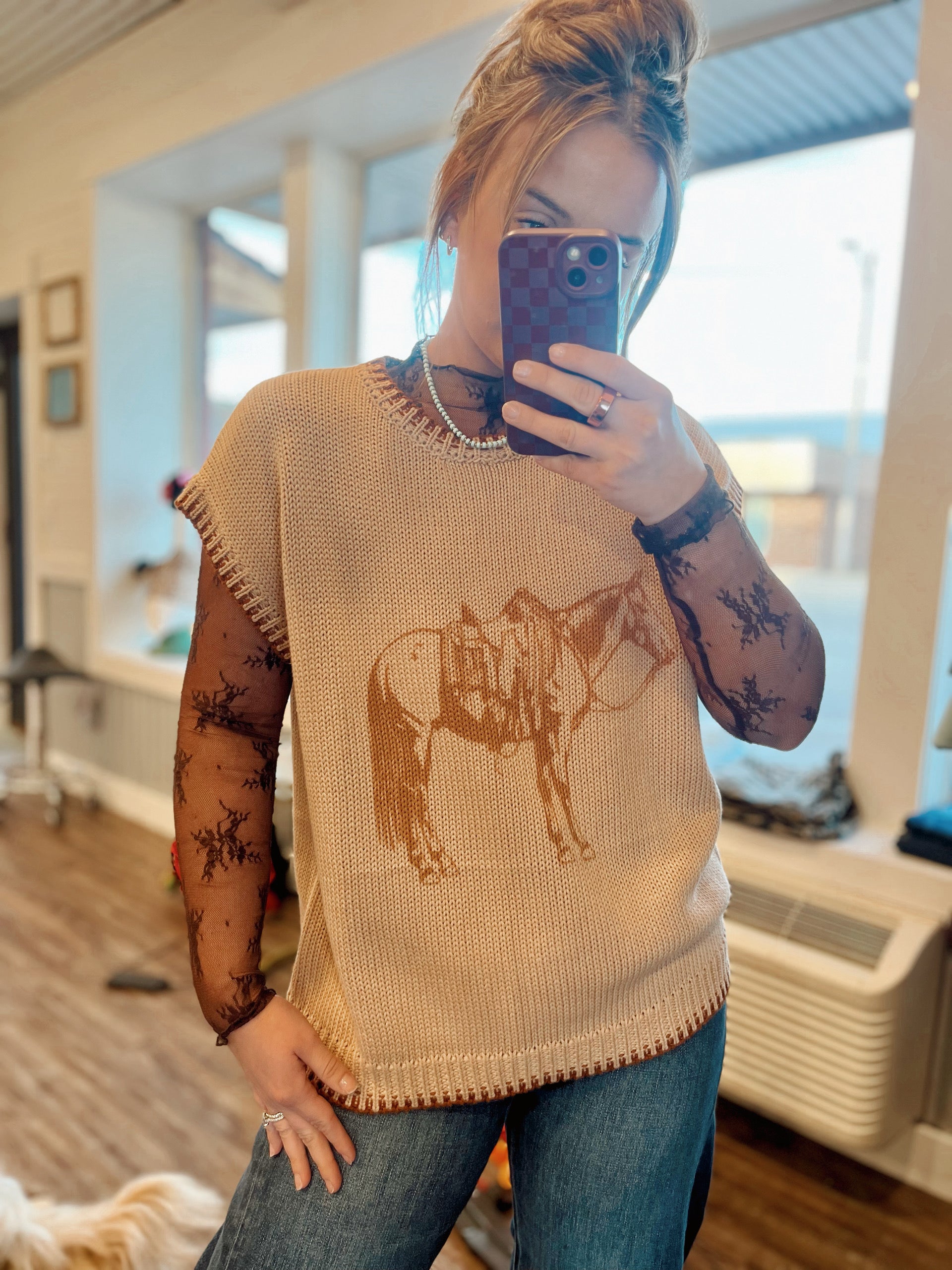 Long sleeve floral lace top-Brown