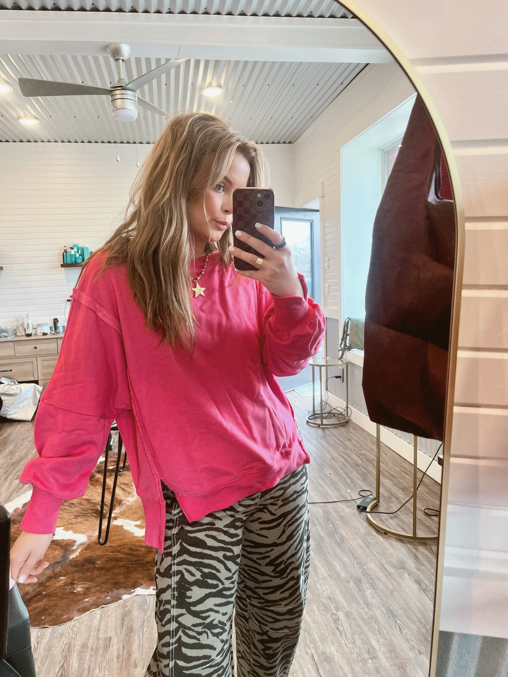 Oversized Crew Neck Long Sleeve-Hot Pink