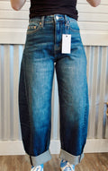 High rise relaxed tapered dark wash barrel