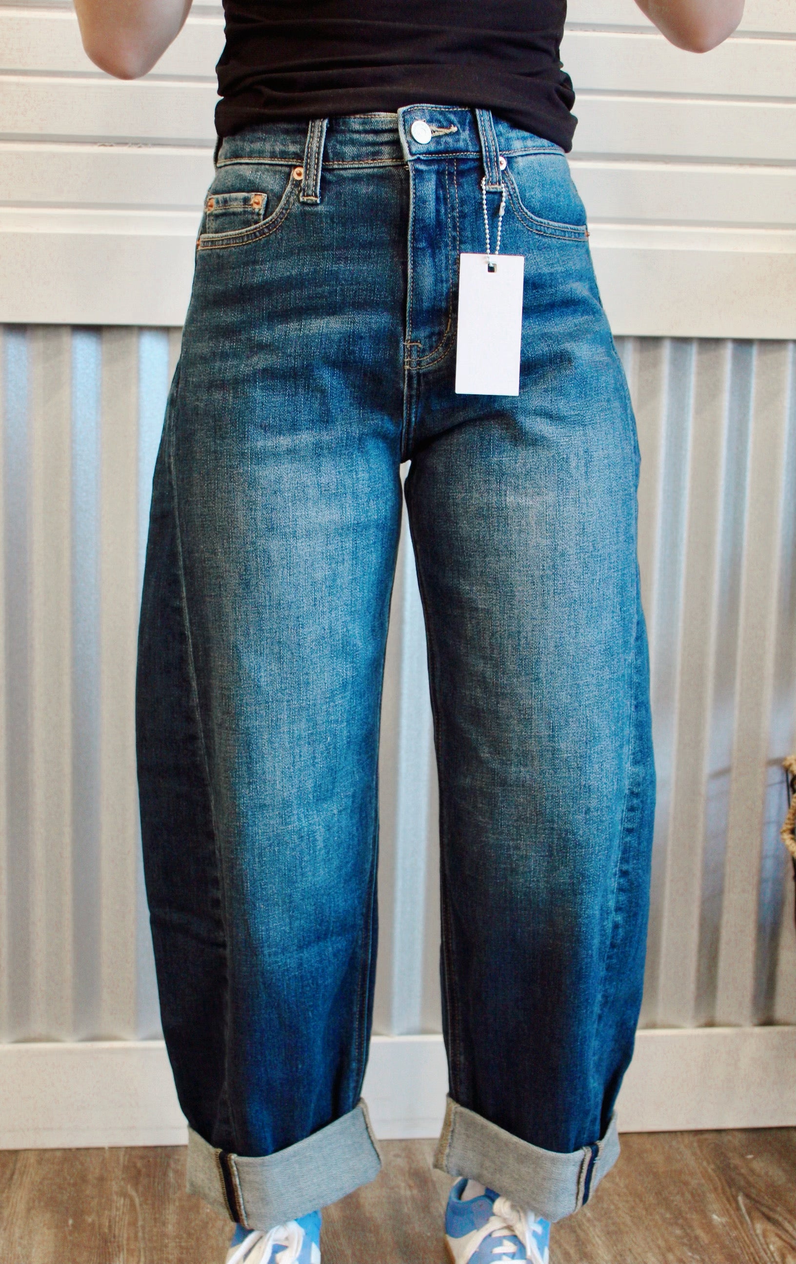 High rise relaxed tapered dark wash barrel