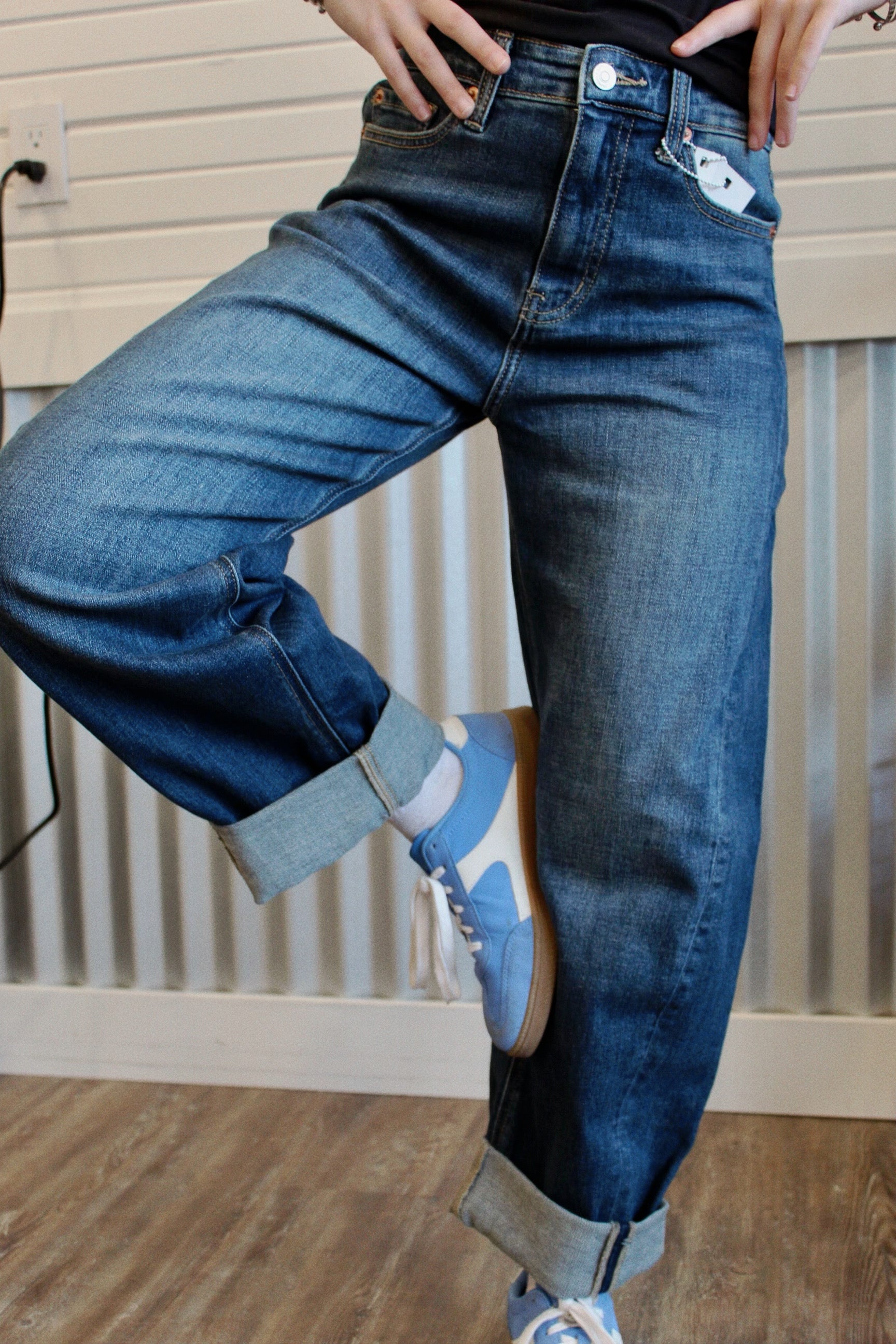 High rise relaxed tapered dark wash barrel