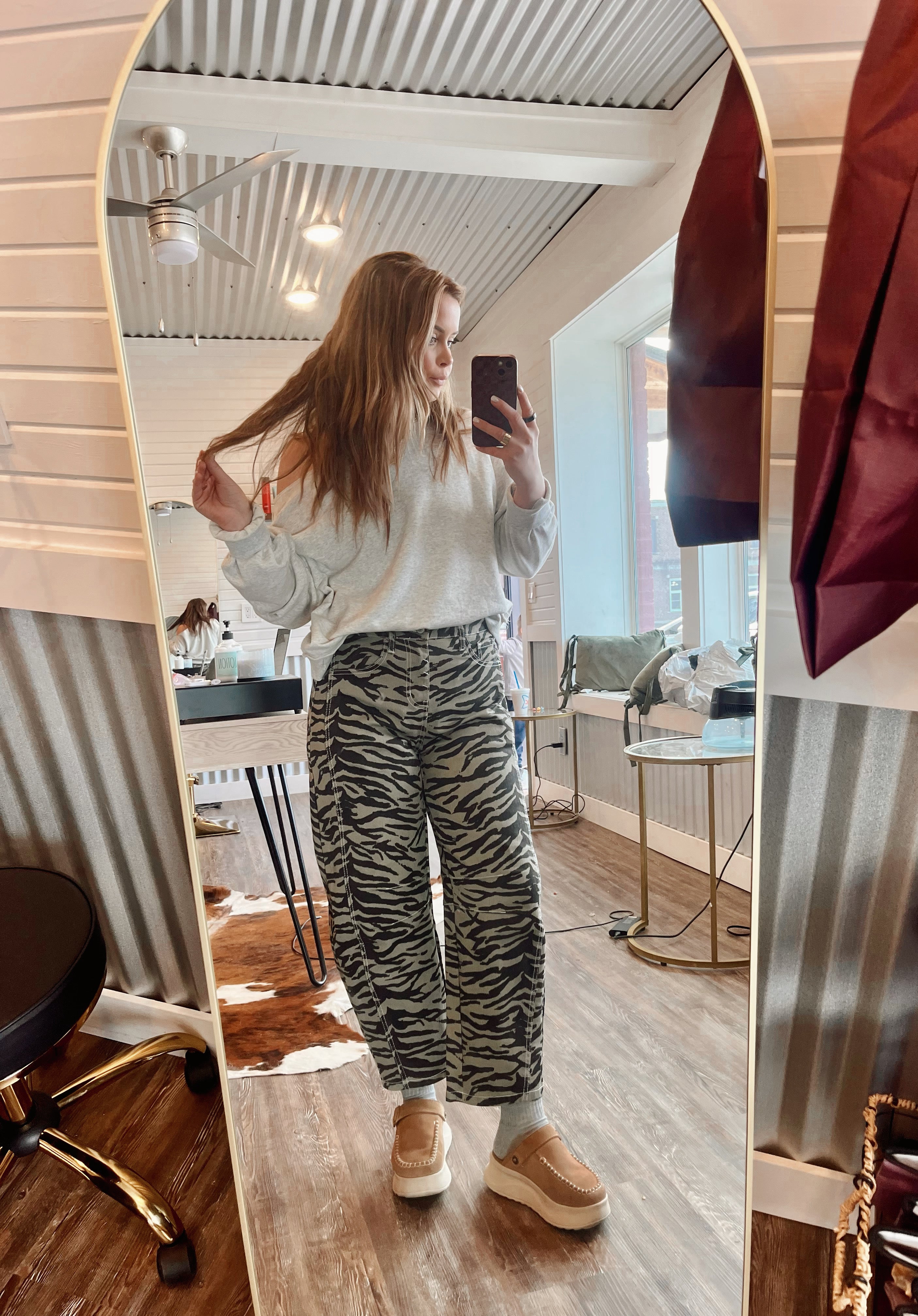 Gray Zebra Stripe Barrel Leg Jean