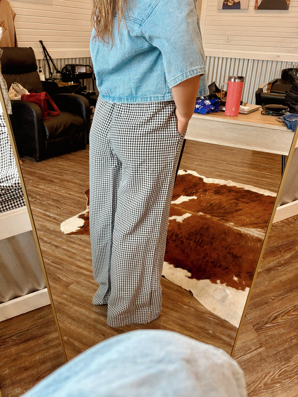 Gingham Drawstring wide leg pant