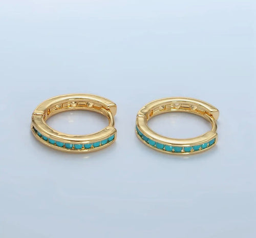 24K gold filled turquoise micro paved Huggies hoop
