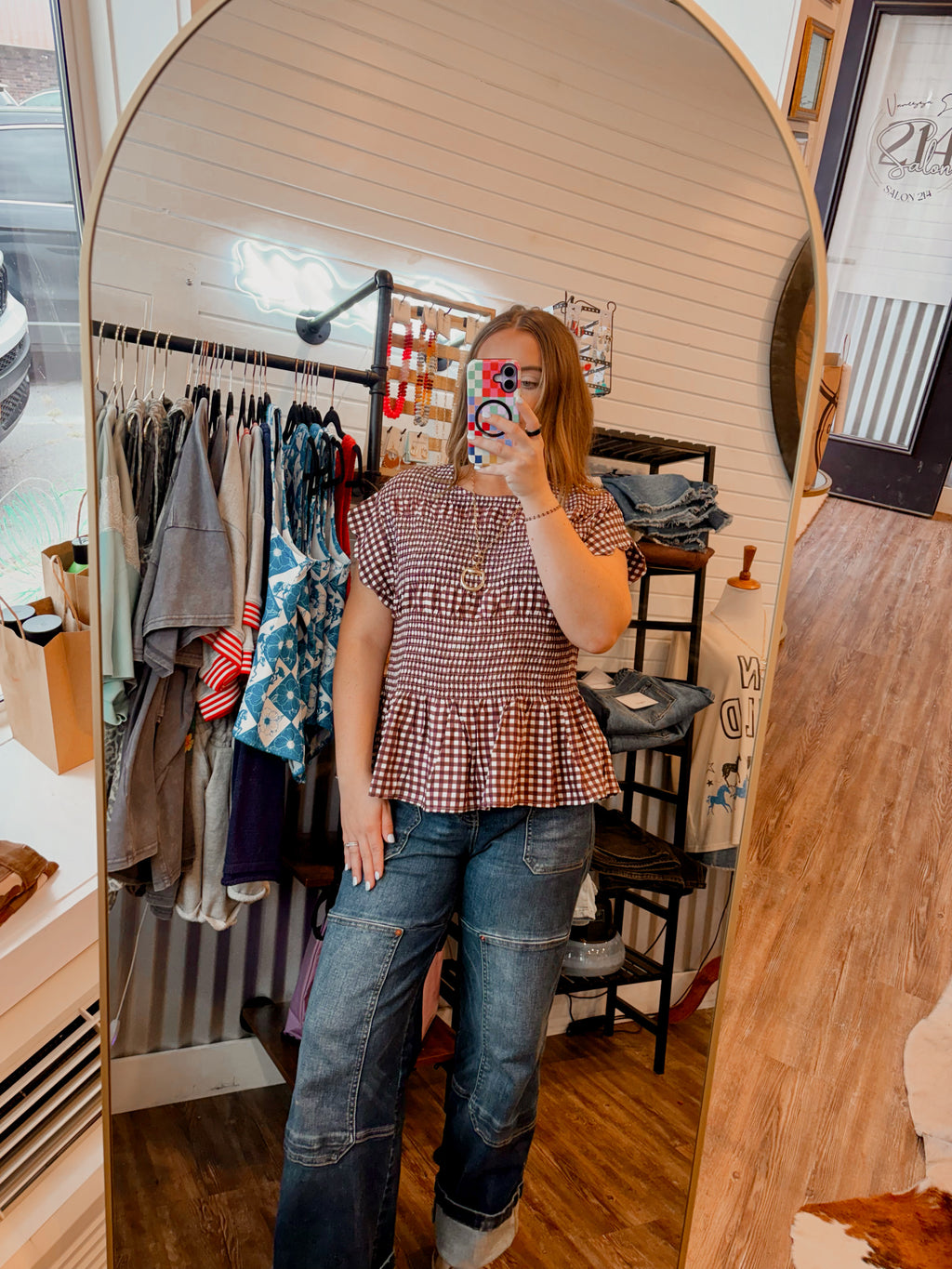 Gingham Smocked Ruffled Top- Reddish Brown
