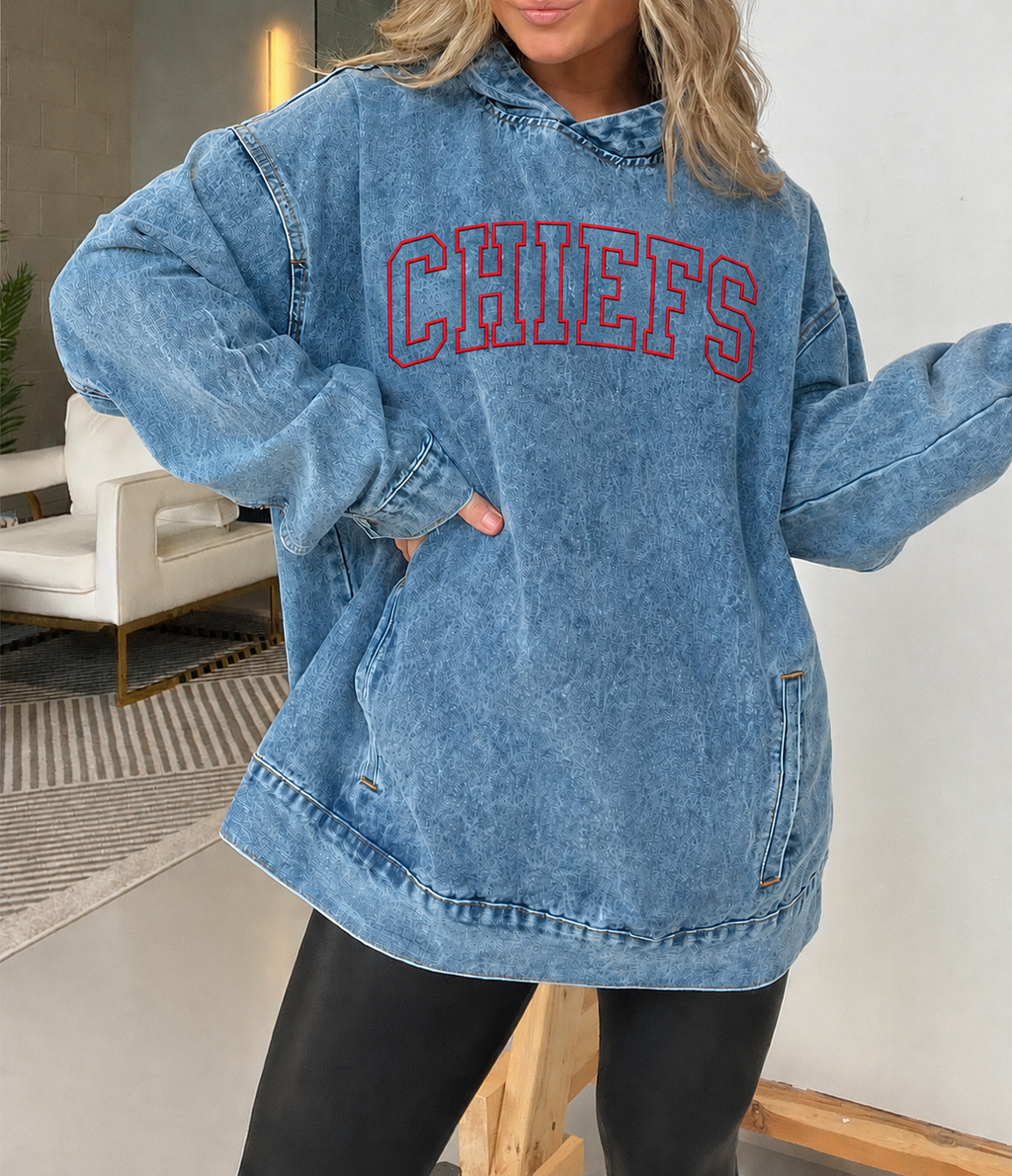 Oversized Vintage Denim Hoodie Embroidered