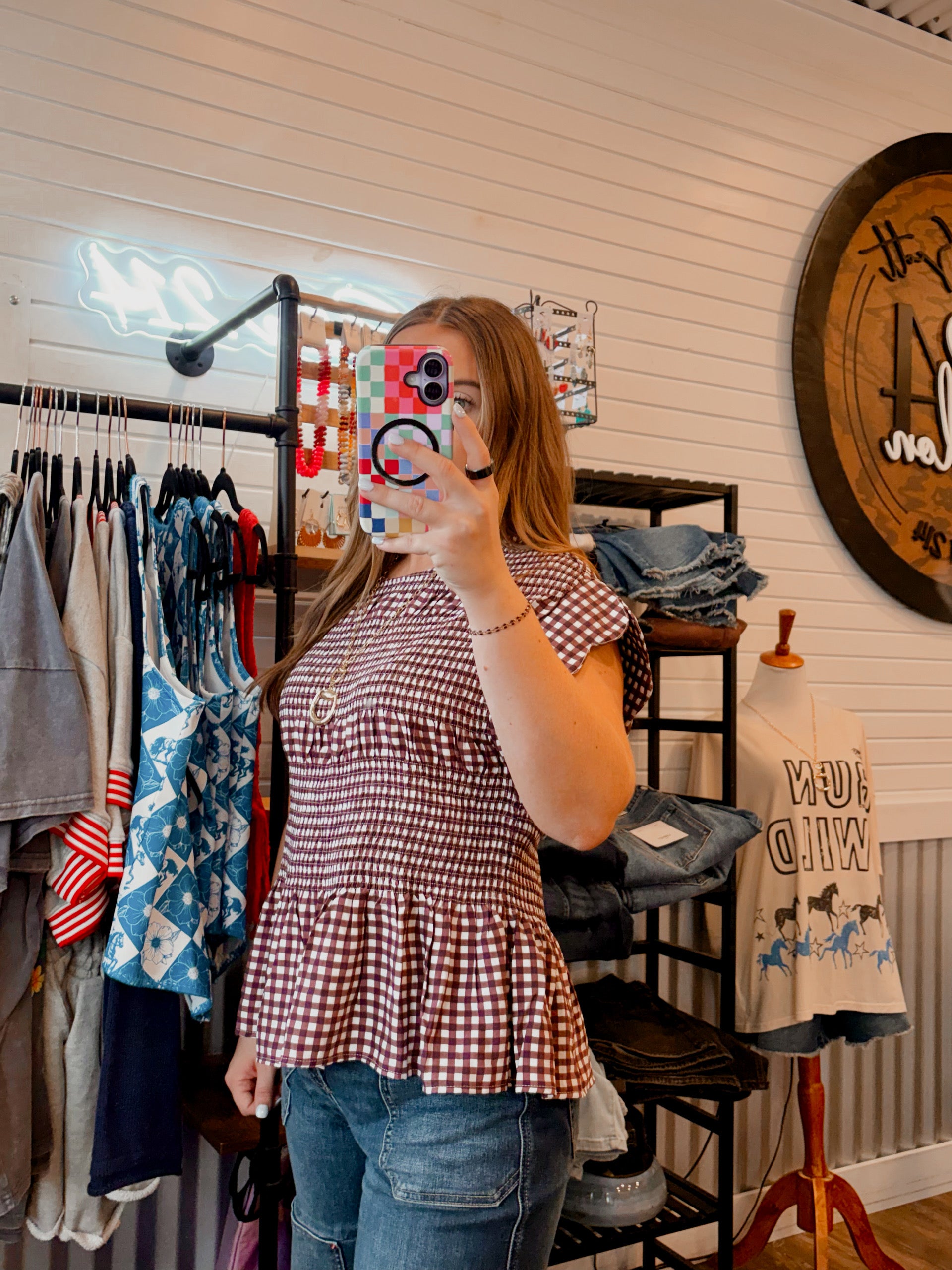 Gingham Smocked Ruffled Top- Reddish Brown