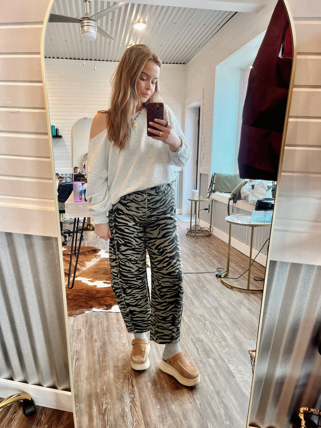 Gray Zebra Stripe Barrel Leg Jean