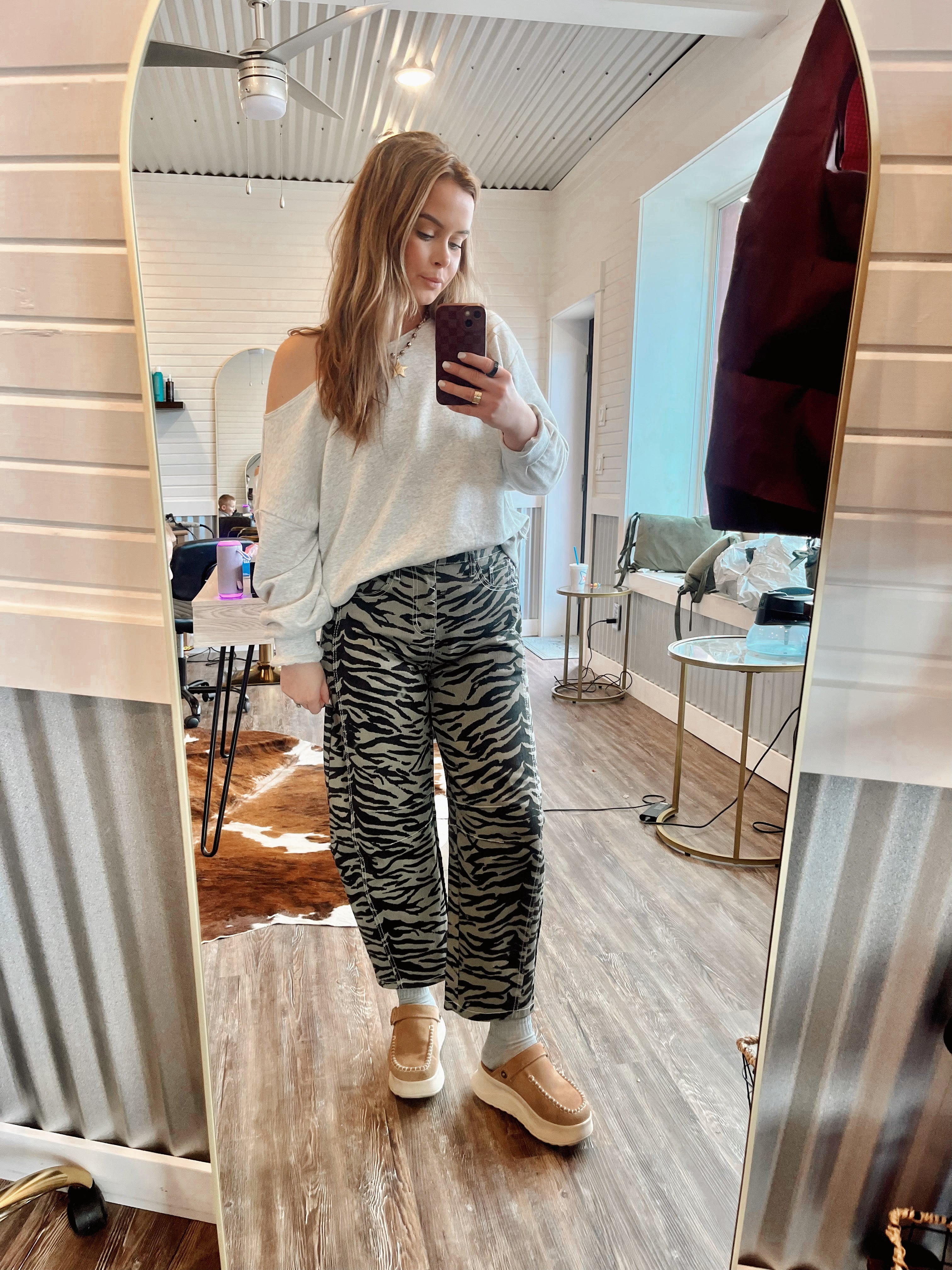 Gray Zebra Stripe Barrel Leg Jean