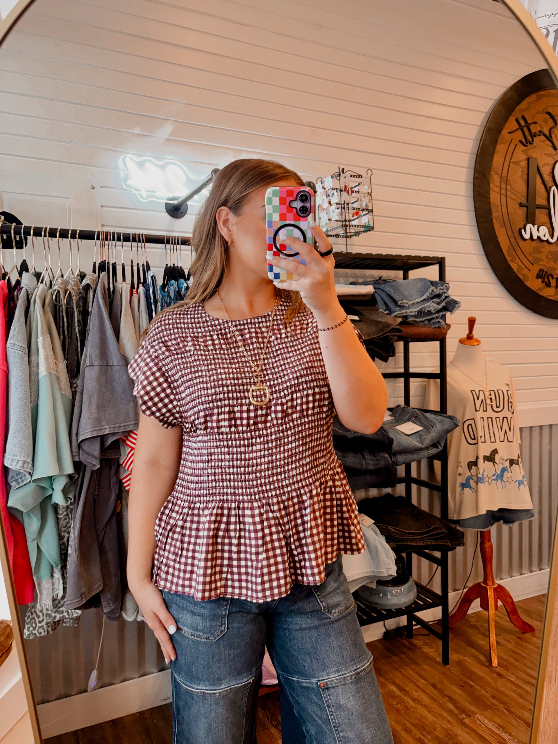 Gingham Smocked Ruffled Top- Reddish Brown