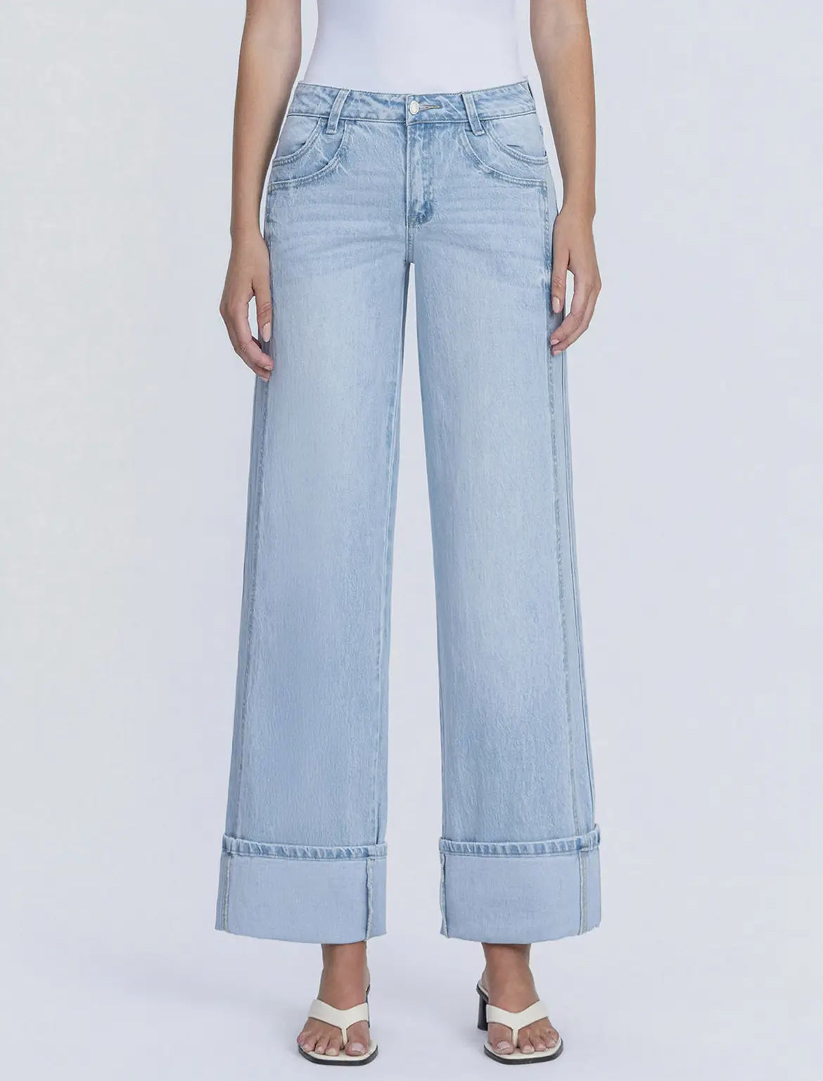 High rise light wash cuffed baggie wide leg