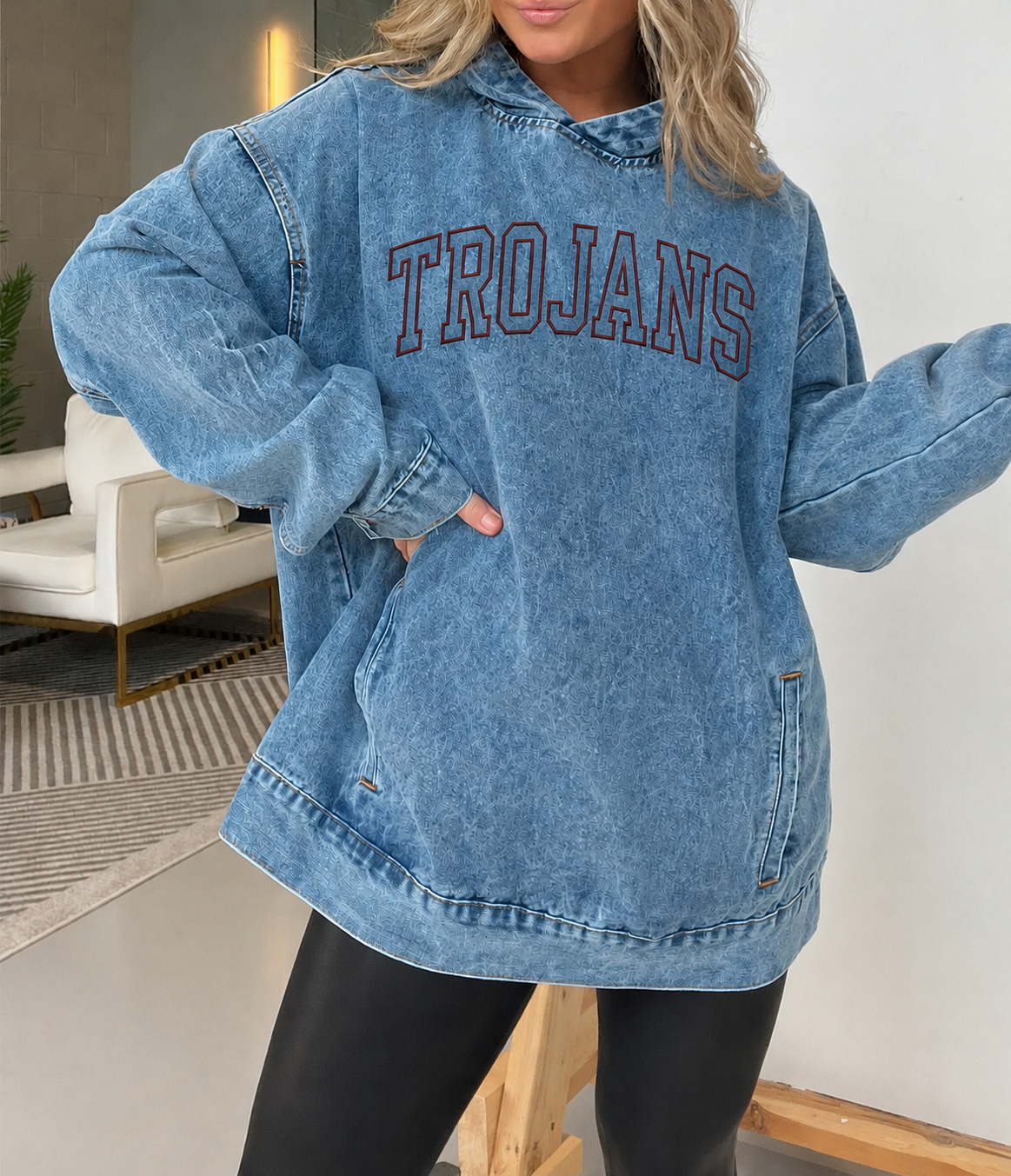 Oversized Vintage Denim Hoodie Embroidered