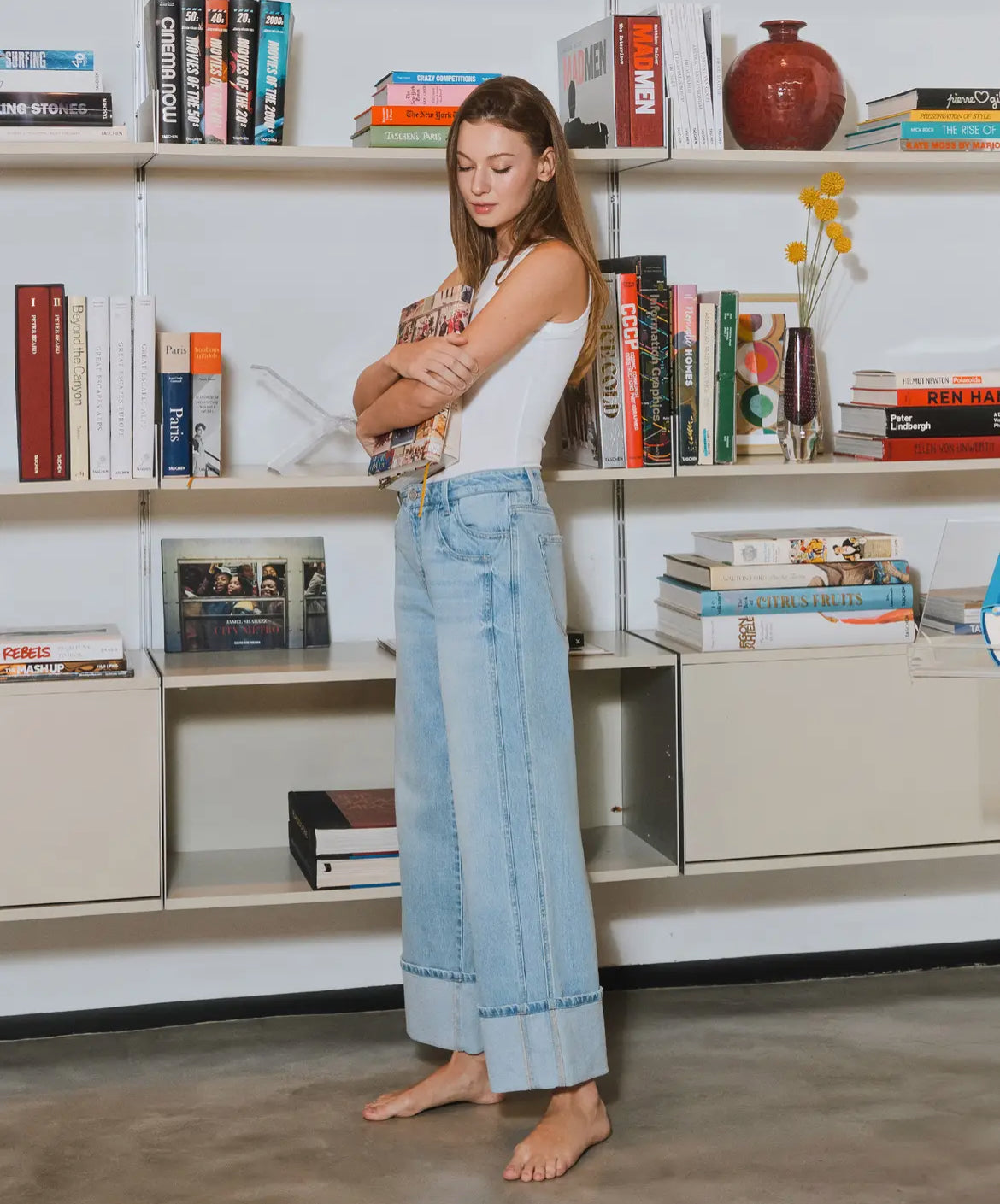 High rise light wash cuffed baggie wide leg