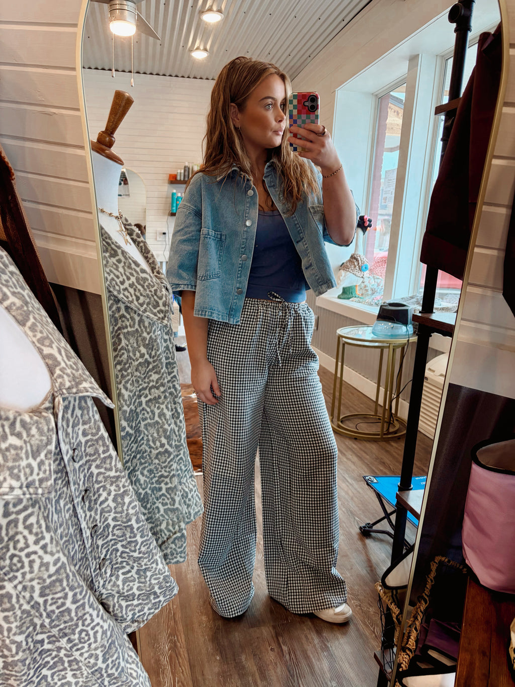Gingham Drawstring wide leg pant