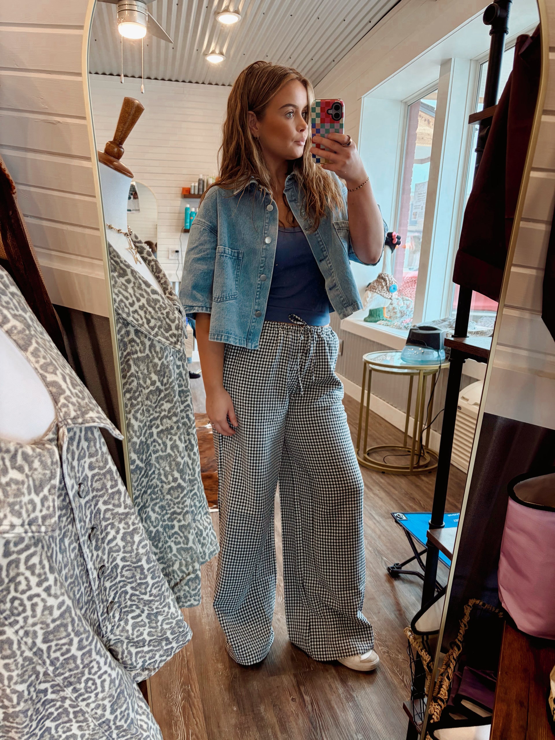 Gingham Drawstring wide leg pant
