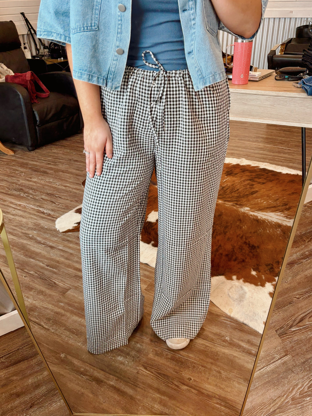 Gingham Drawstring wide leg pant