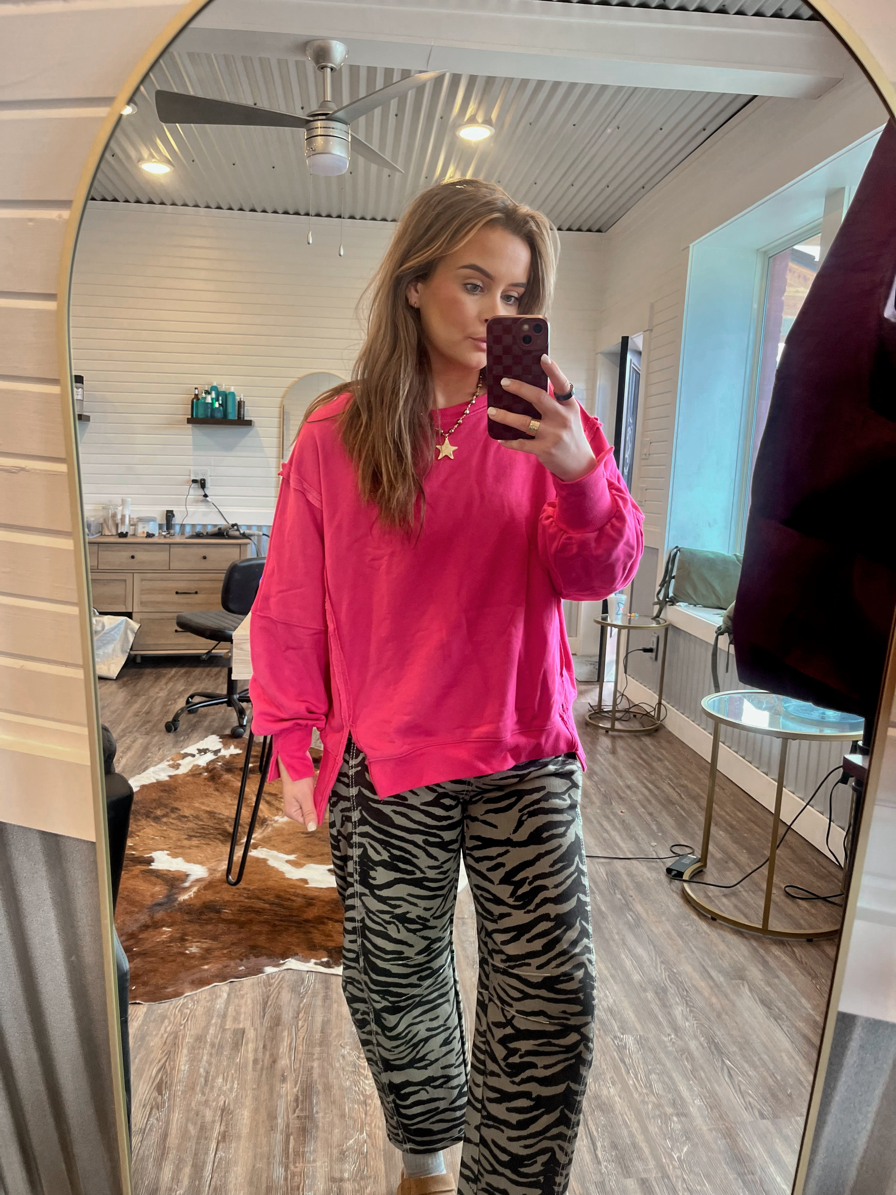 Oversized Crew Neck Long Sleeve-Hot Pink