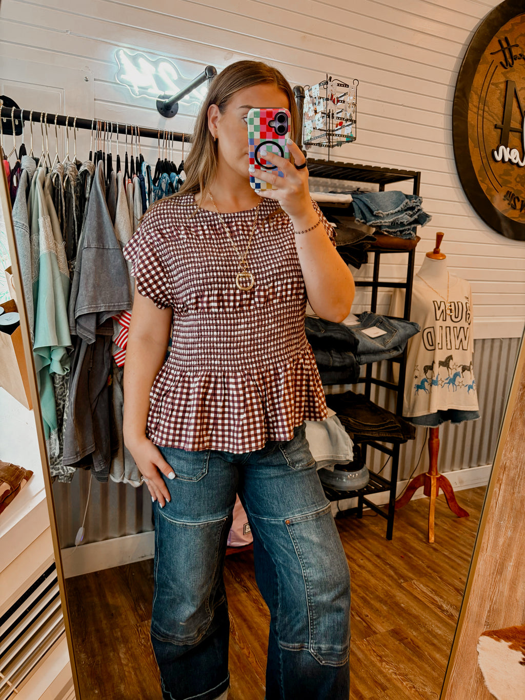 Gingham Smocked Ruffled Top- Reddish Brown