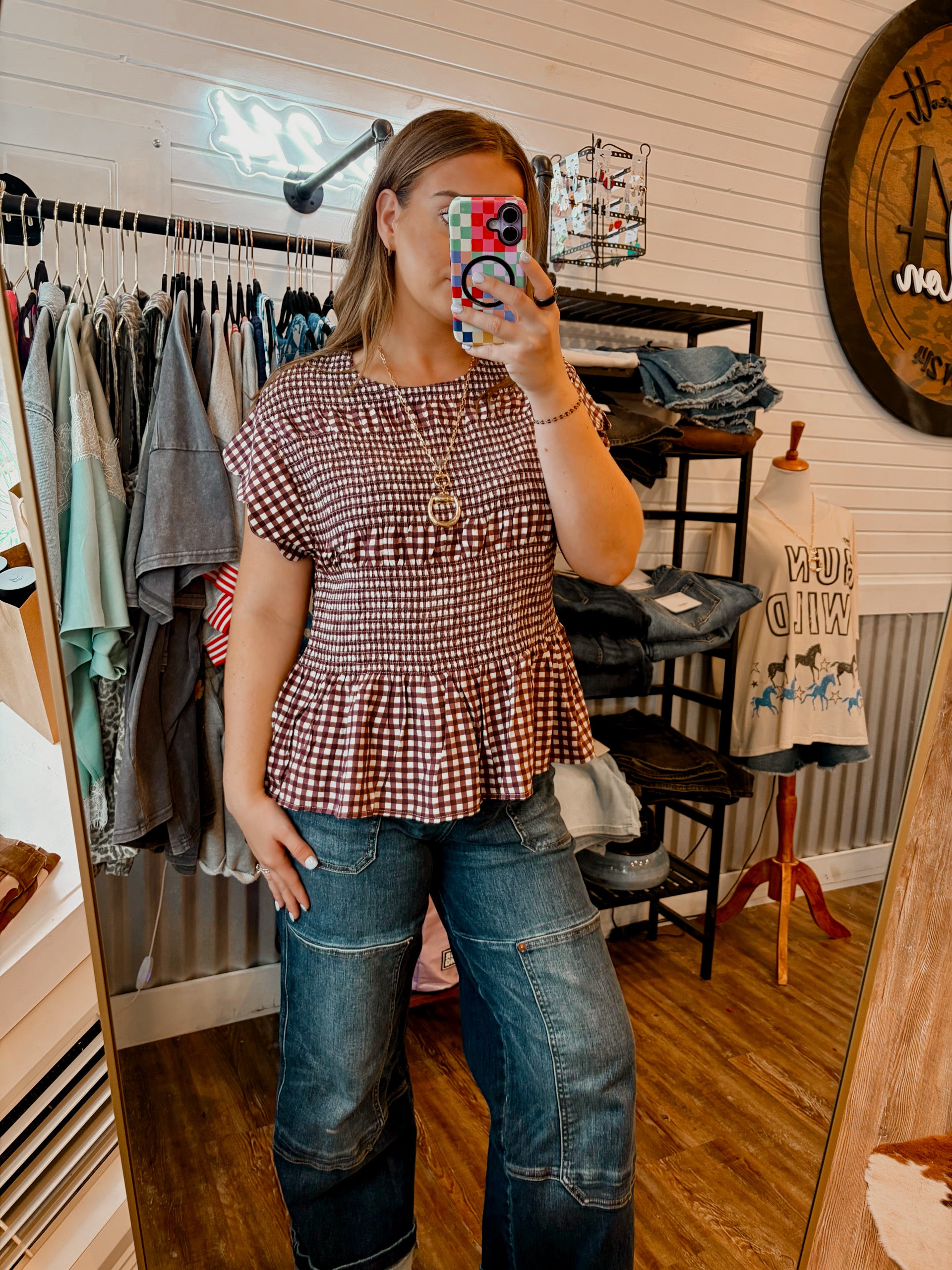 Gingham Smocked Ruffled Top- Reddish Brown