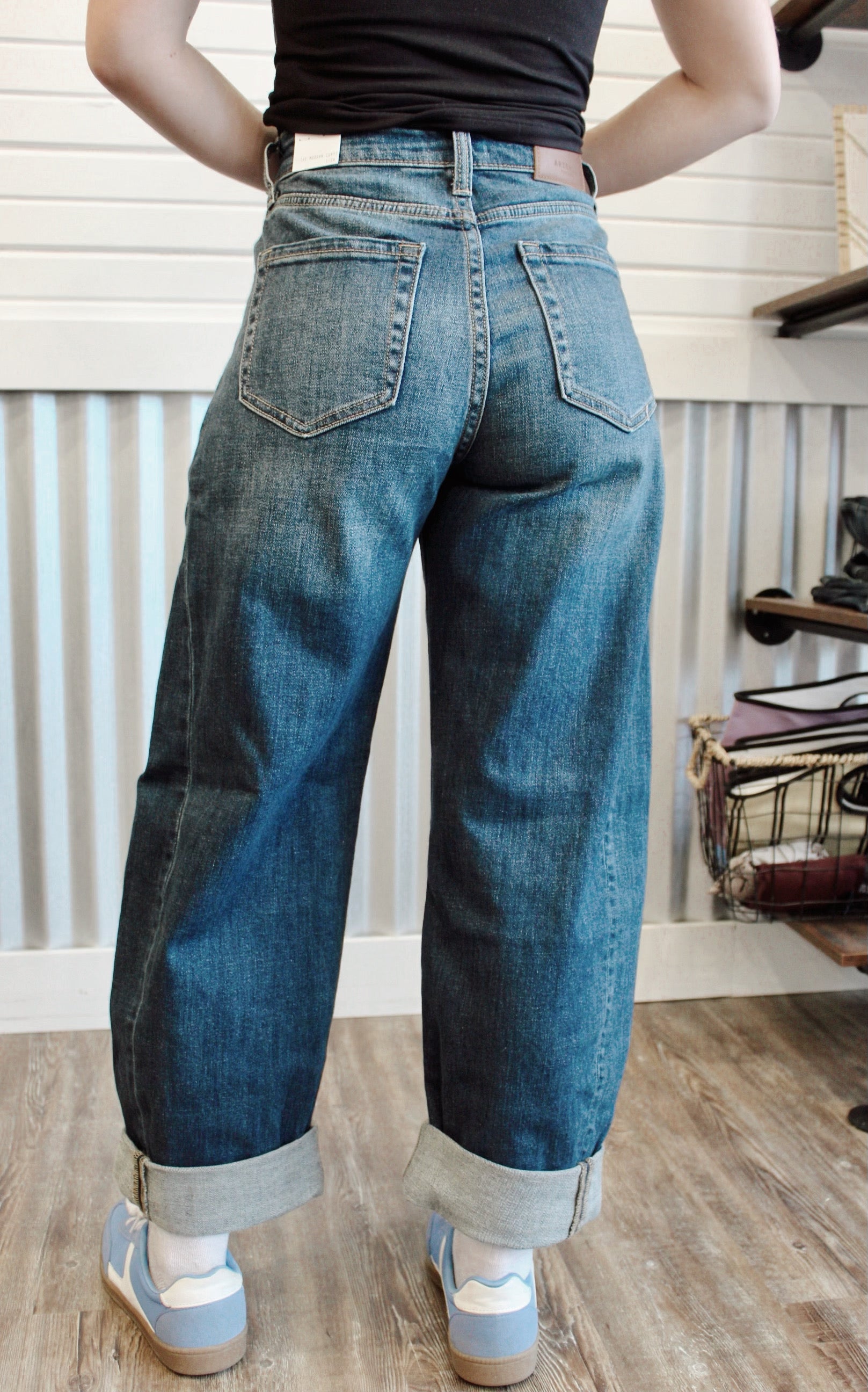 High rise relaxed tapered dark wash barrel