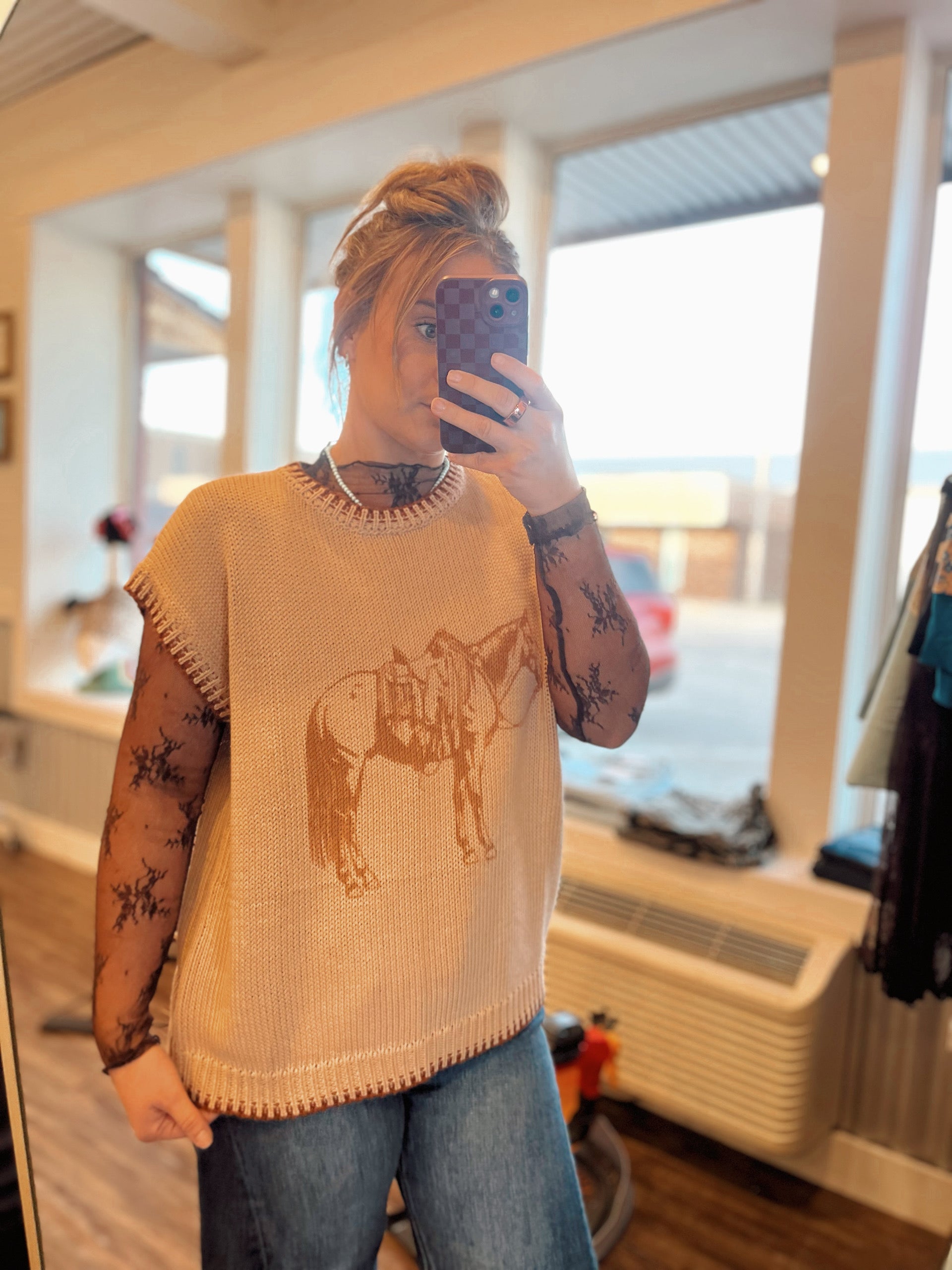 Long sleeve floral lace top-Brown