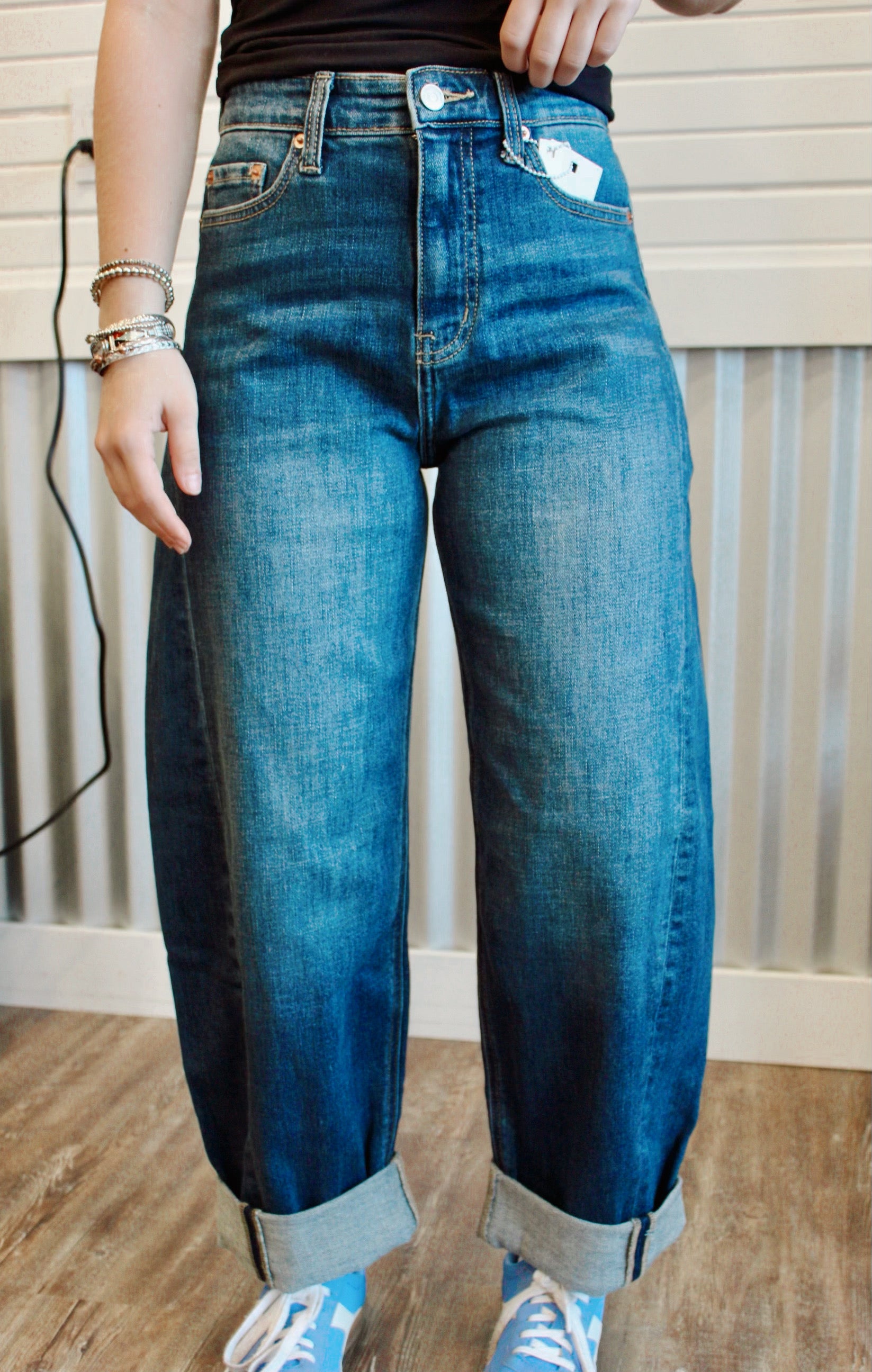 High rise relaxed tapered dark wash barrel