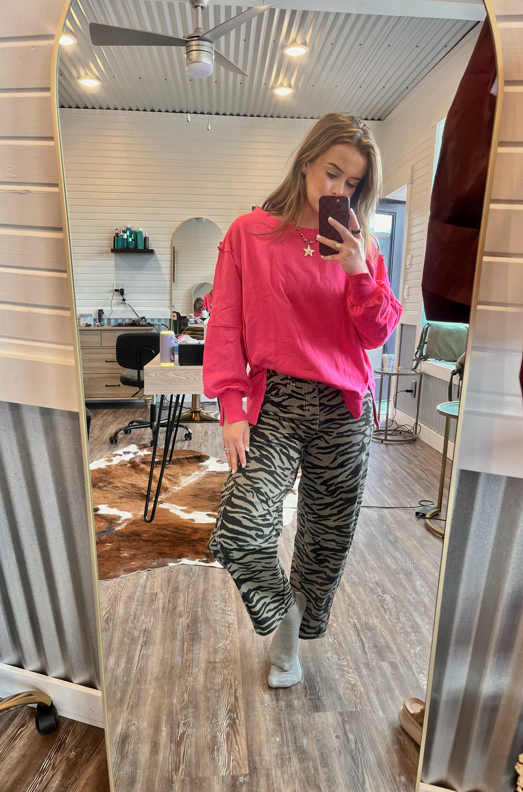 Oversized Crew Neck Long Sleeve-Hot Pink
