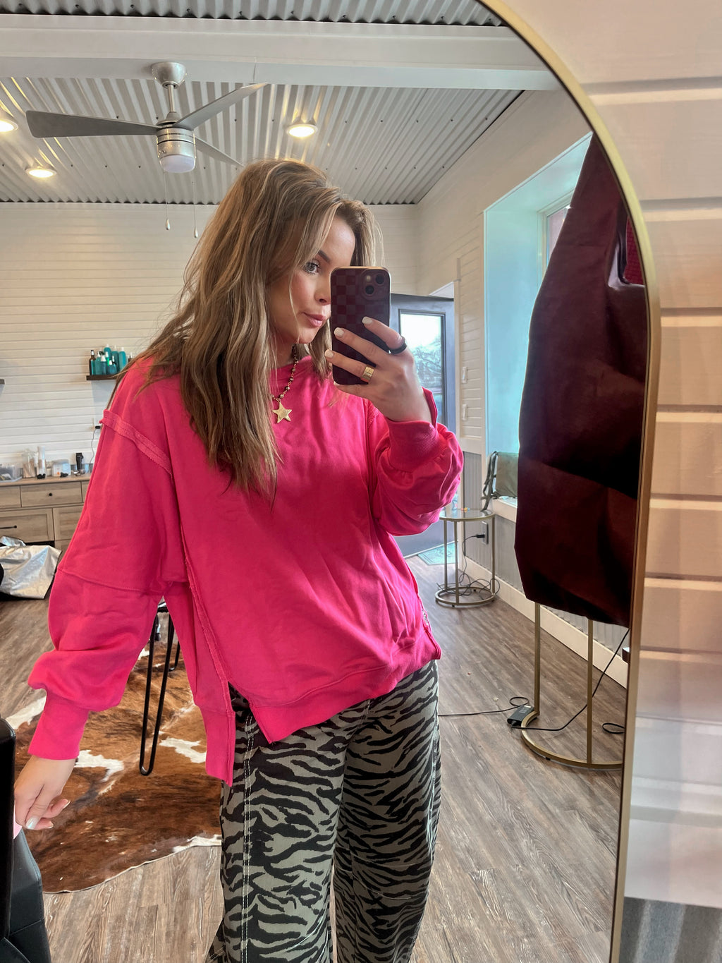 Oversized Crew Neck Long Sleeve-Hot Pink