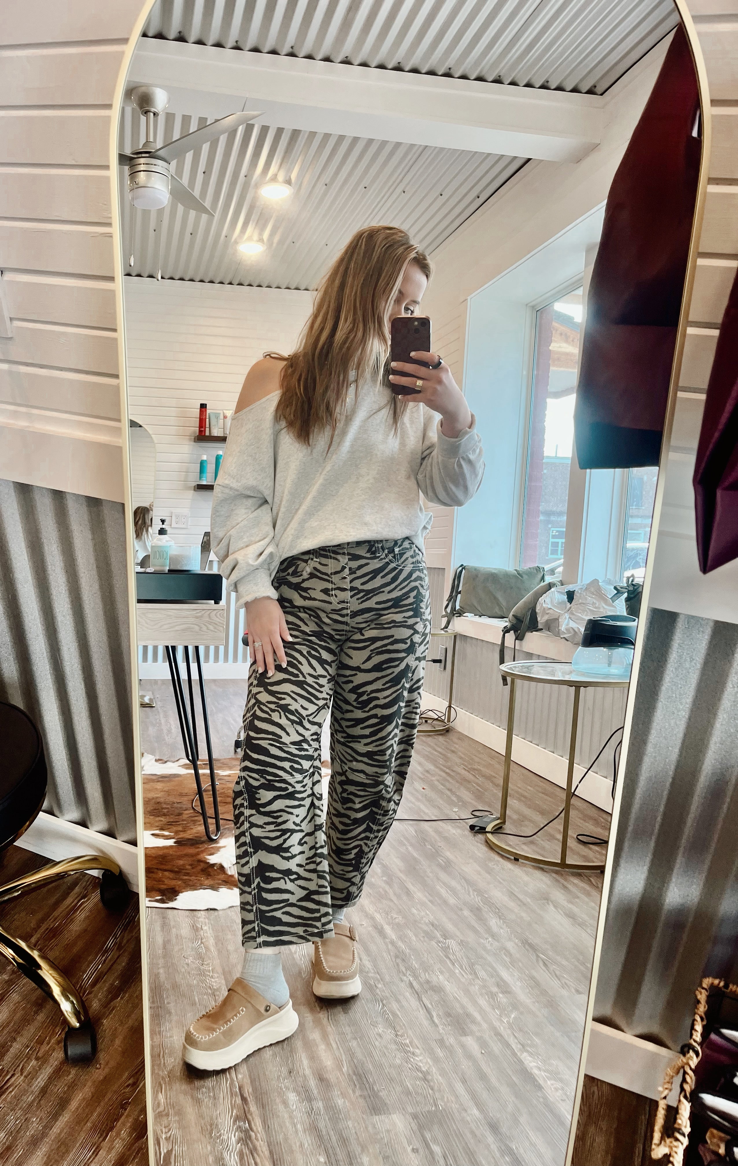Gray Zebra Stripe Barrel Leg Jean