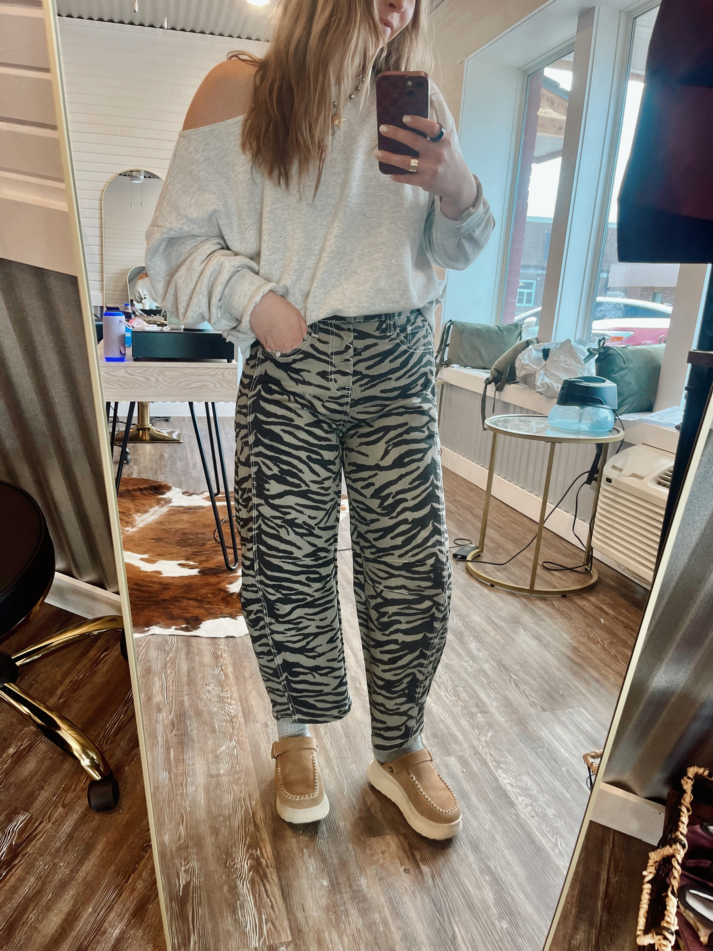 Gray Zebra Stripe Barrel Leg Jean