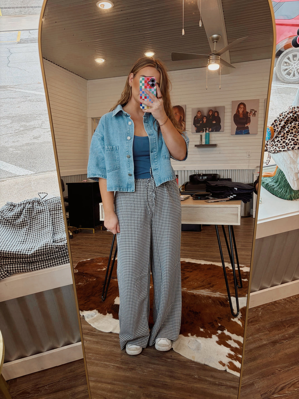 Gingham Drawstring wide leg pant