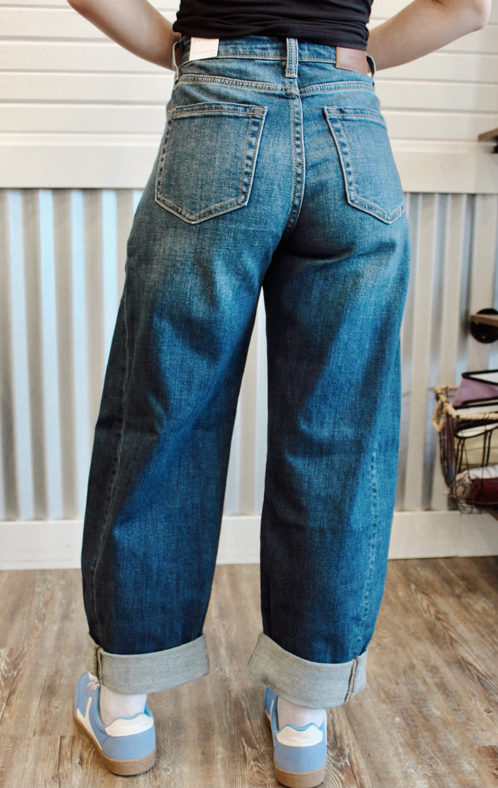 High rise relaxed tapered dark wash barrel