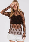 Long sleeve floral lace top-Brown