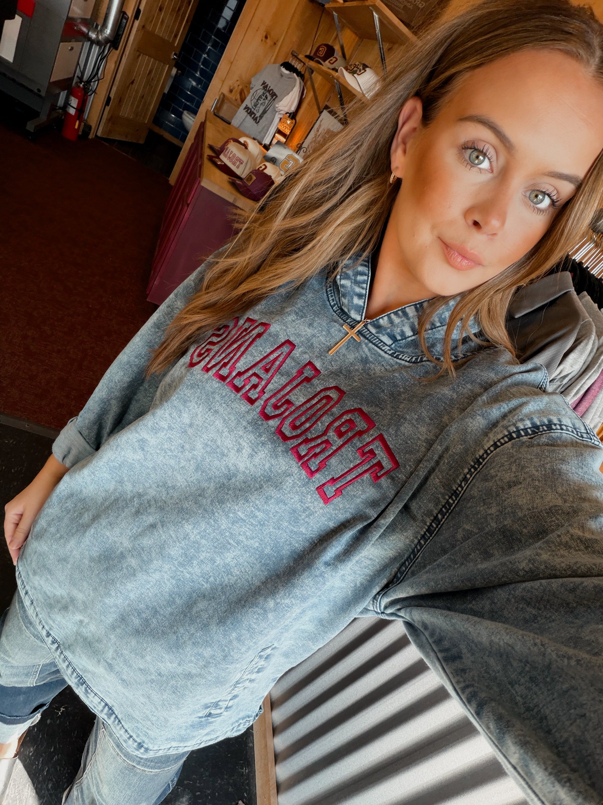 Oversized Vintage Denim Hoodie Embroidered