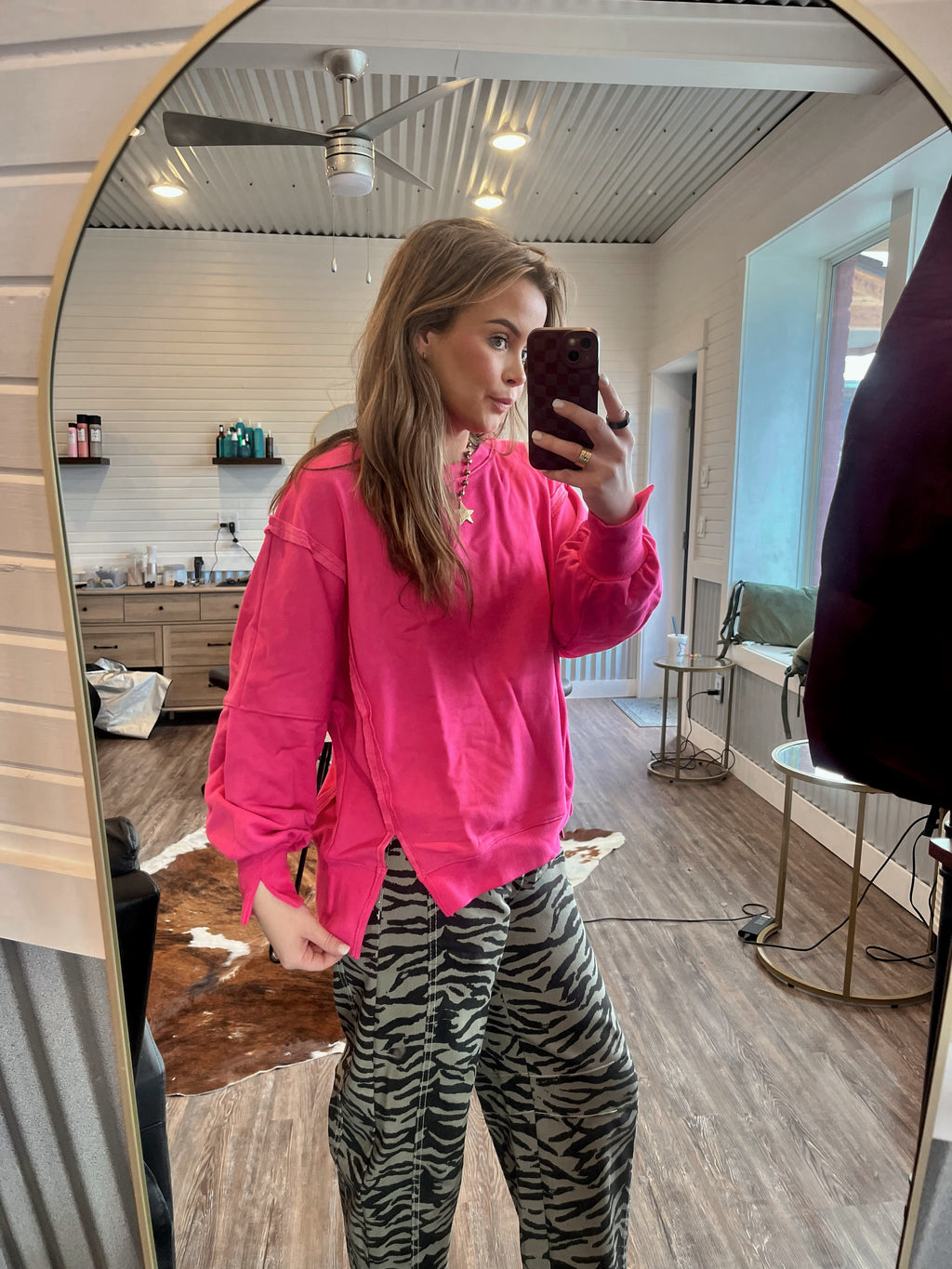 Oversized Crew Neck Long Sleeve-Hot Pink