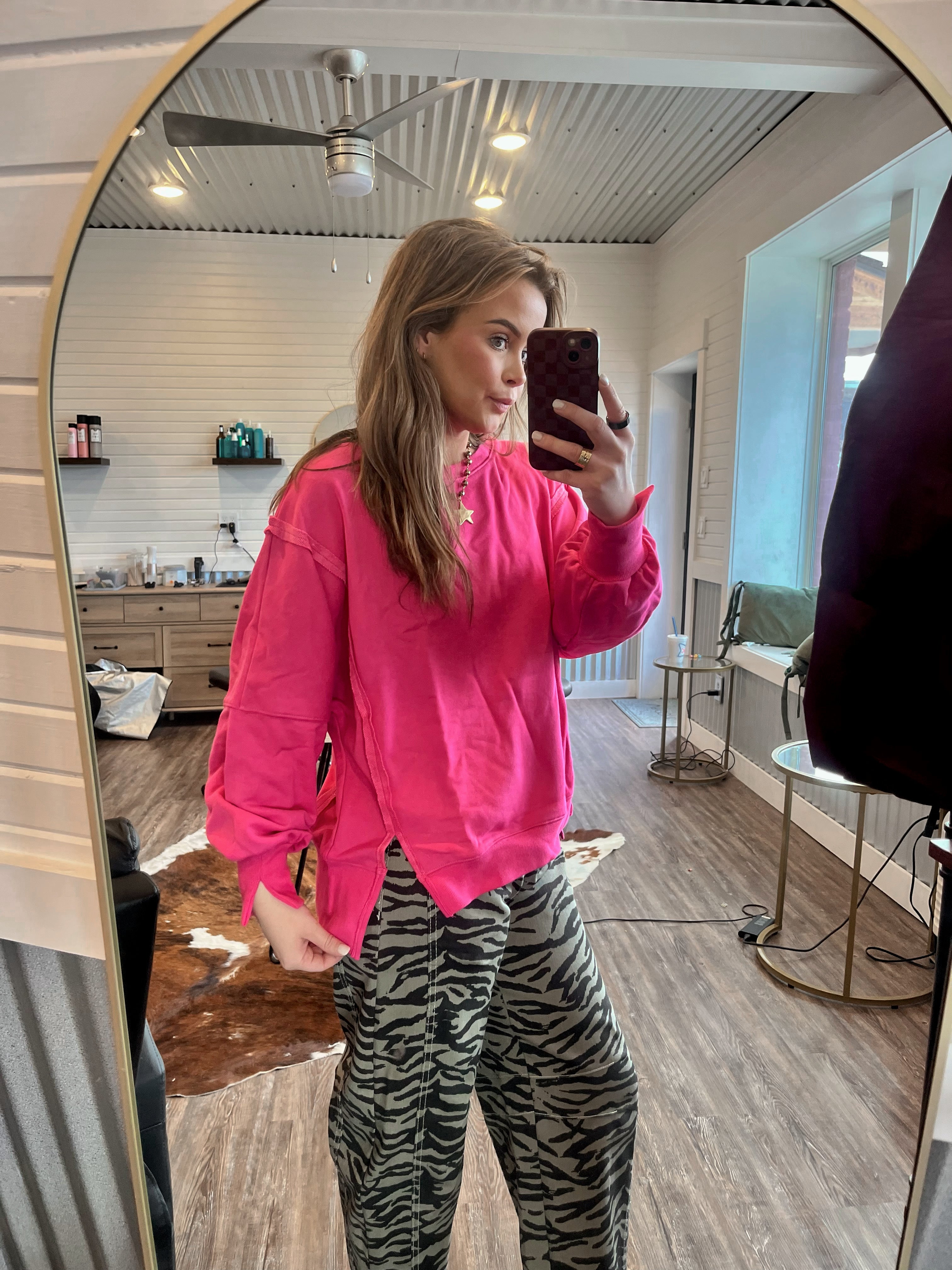 Oversized Crew Neck Long Sleeve-Hot Pink