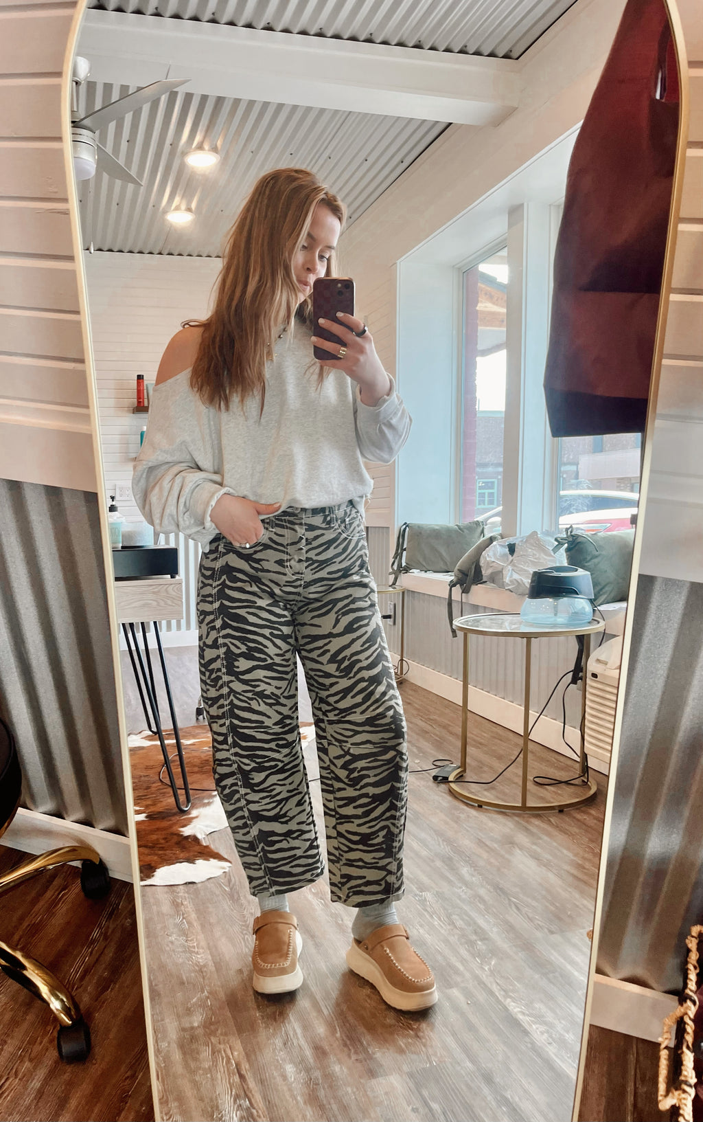 Gray Zebra Stripe Barrel Leg Jean