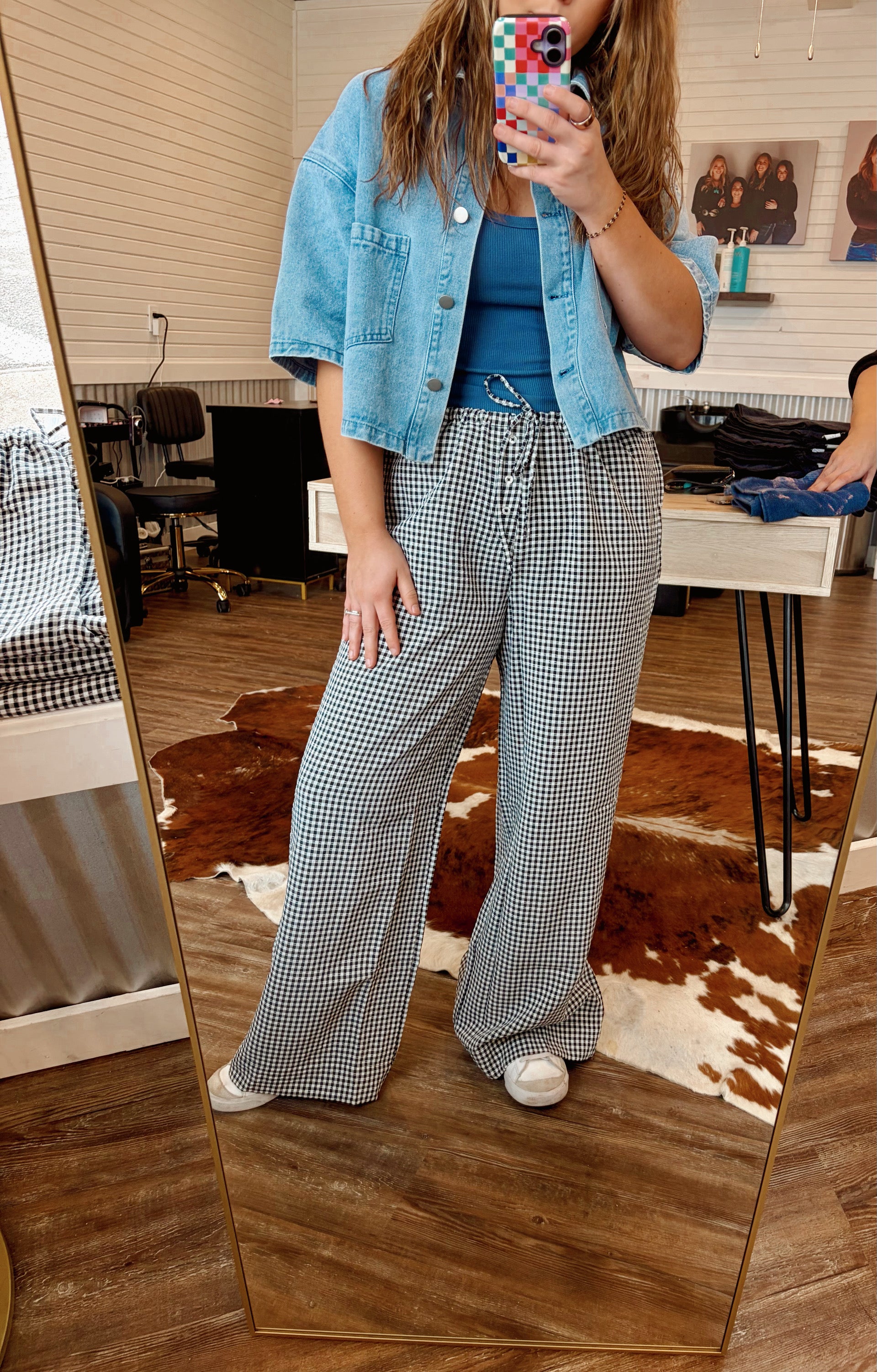 Gingham Drawstring wide leg pant