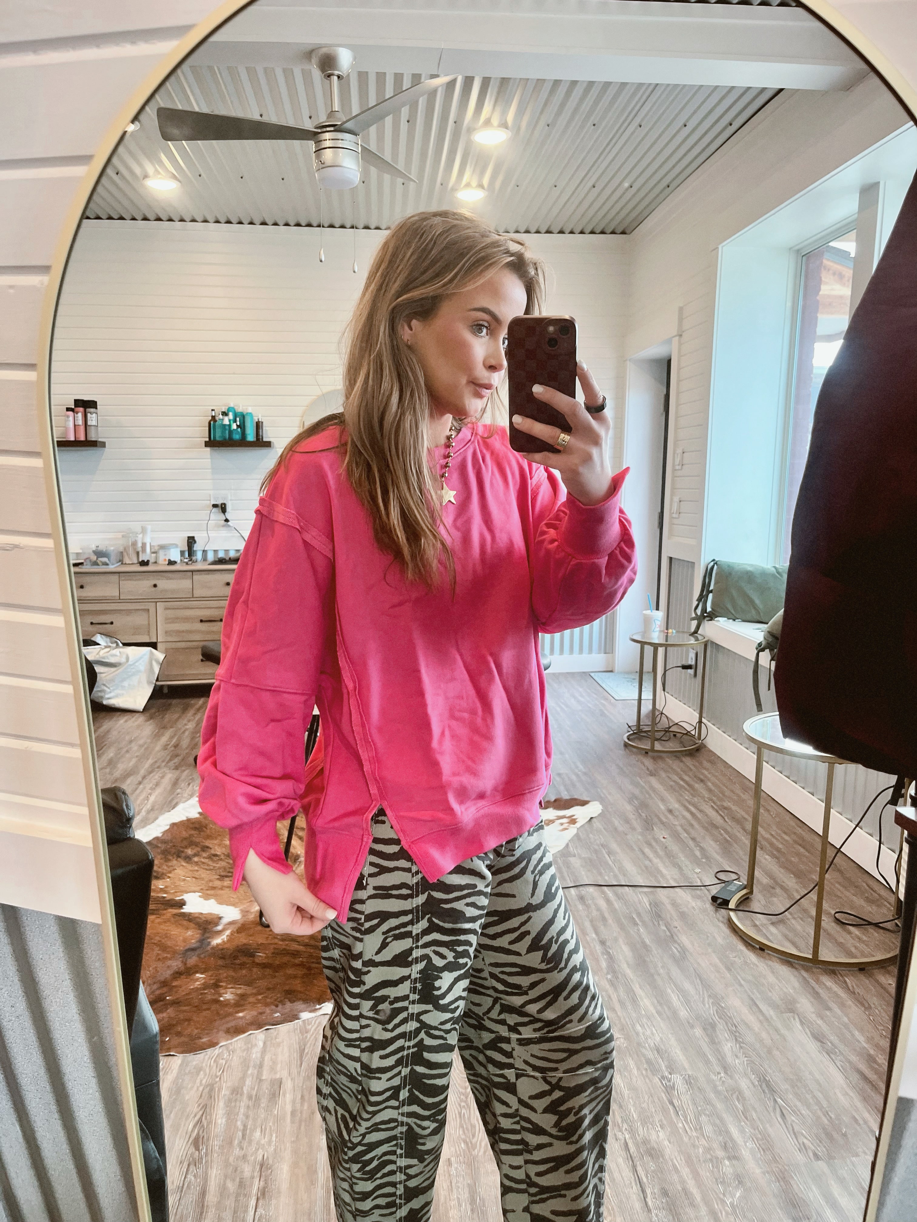 Oversized Crew Neck Long Sleeve-Hot Pink