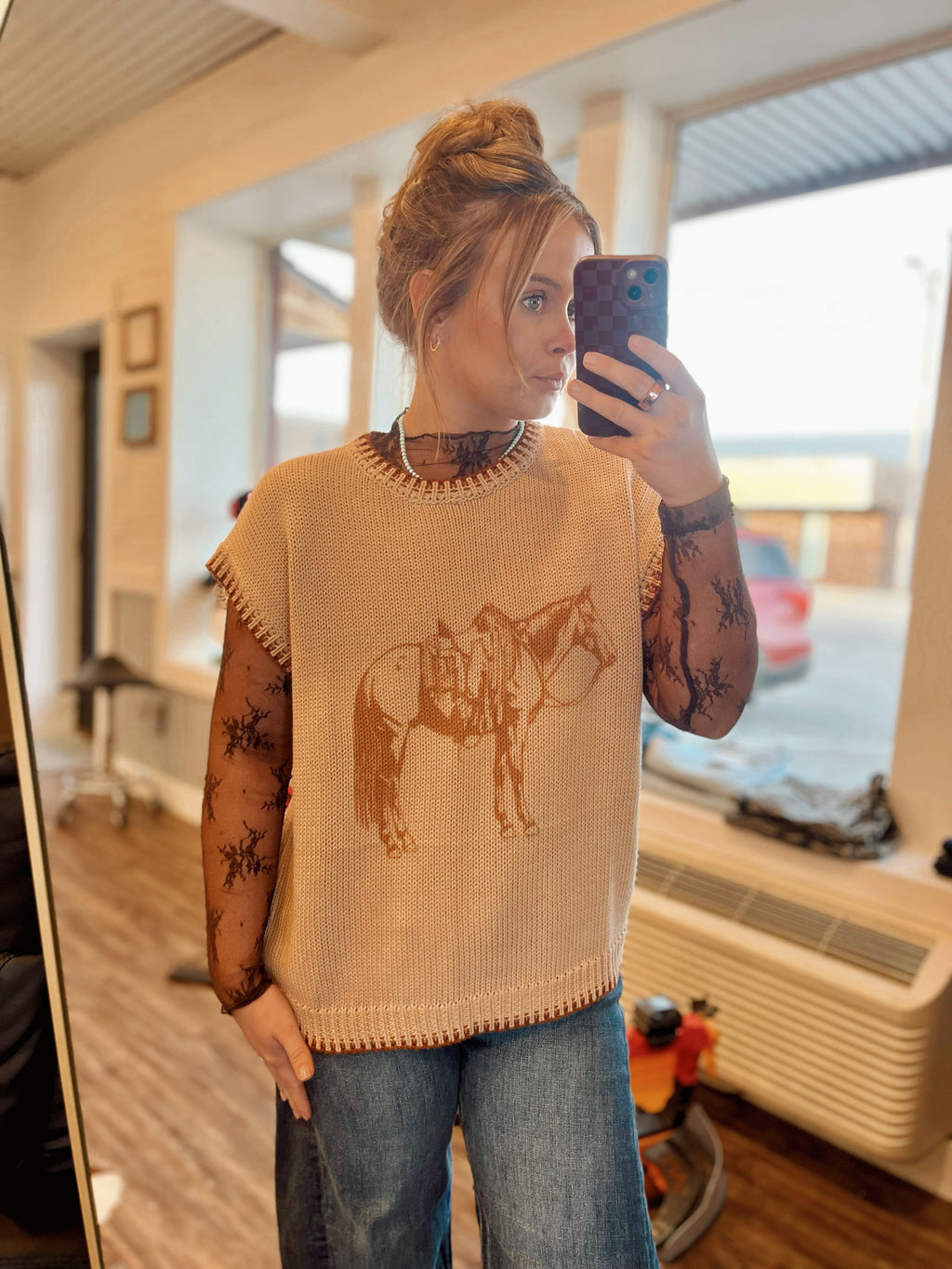Long sleeve floral lace top-Brown