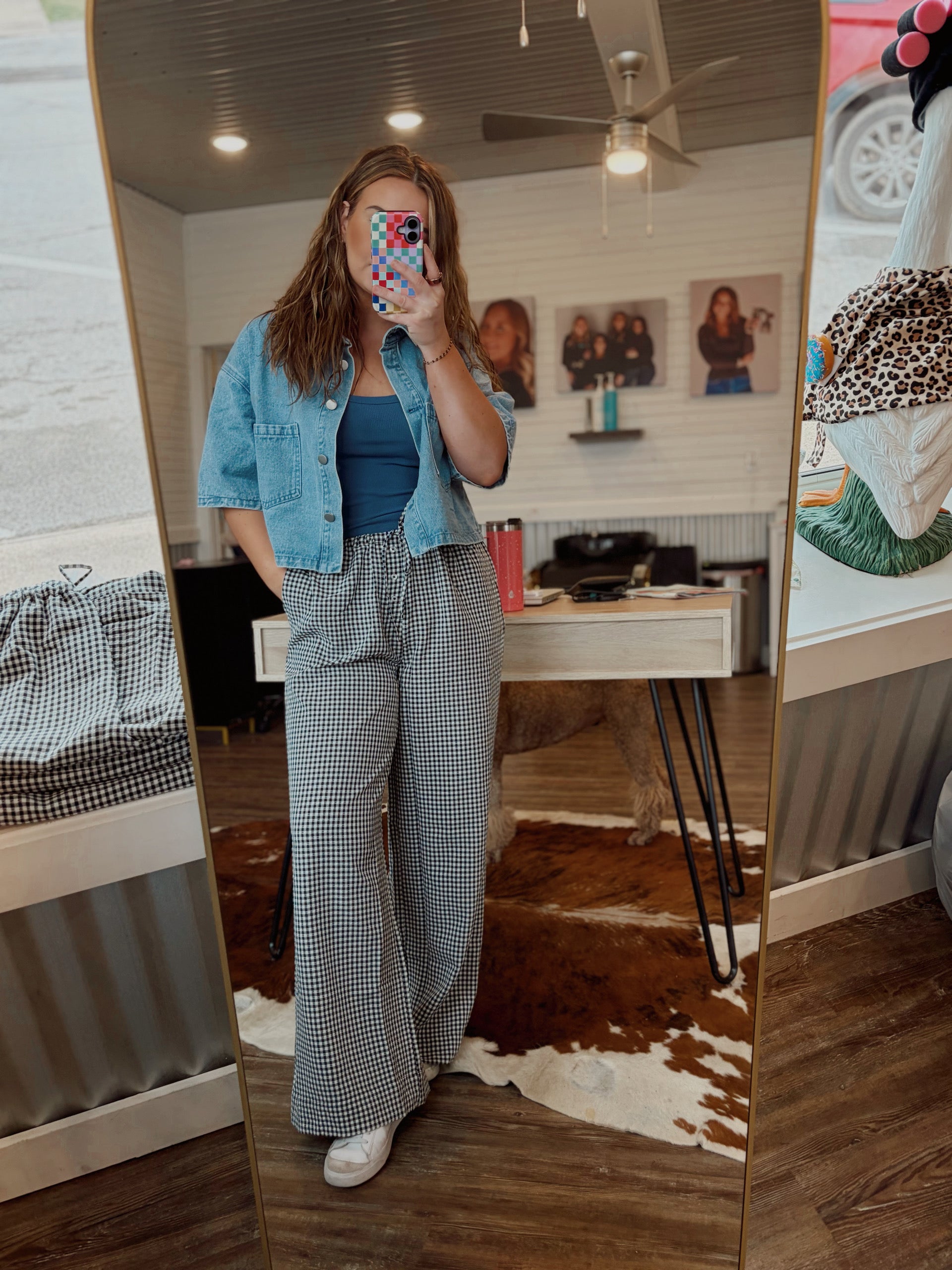 Gingham Drawstring wide leg pant